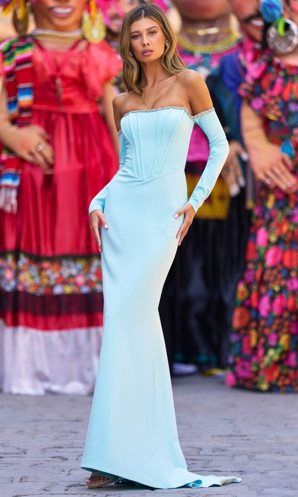 off the shoulder aqua open back sheath long dress Off the Shoulder Aqua Open Back Sheath Long Dress PollyBoutique