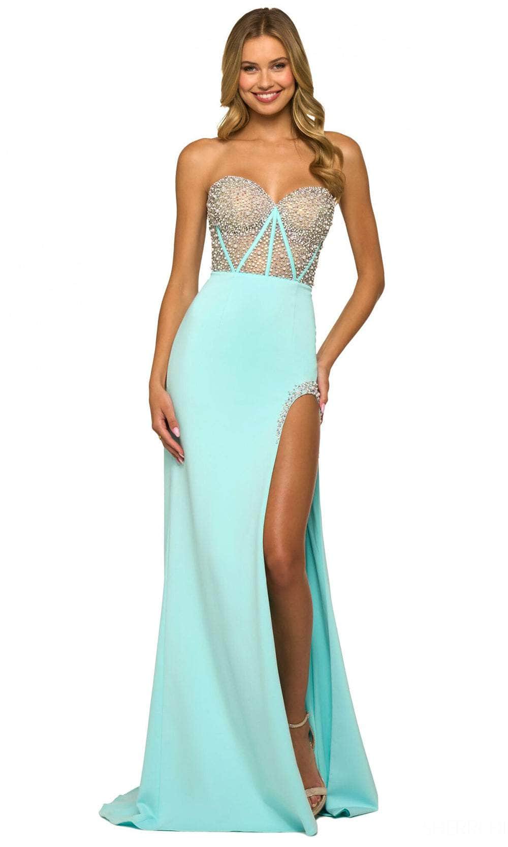Sherri Hill 55320 - Long Scuba Mermaid Dress - Strapless, Corset Bodice,  Pearl Accents, High Slit, Sweep Train  ADASA