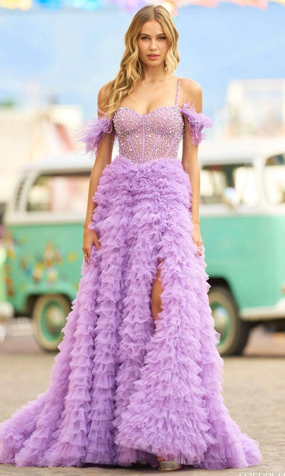 Sherri Hill 55387 - Beaded Sweetheart Ruffled Ballgown Ballgown 000 / Lilac