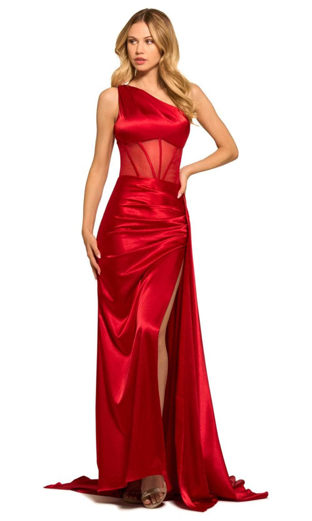 Sherri Hill 55388 - Long Silky Stretched Jersey Sheath Dress - One Sleeve, Corset Bodice, Slit, Train, Side Cape, Pleated Details 0 / Black Sherri Hill 55388 - Long Silky Stretched Jersey Sheath Dress - One Sleeve, Corset Bodice, Slit, Train, Side Cape, Pleated Details 0 / Black
