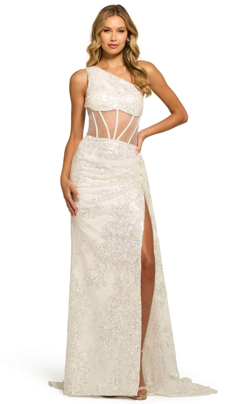Sherri Hill 55426 - Asymmetric Illusion Midriff Evening Gown Special Occasion Dress 000 / Ivory