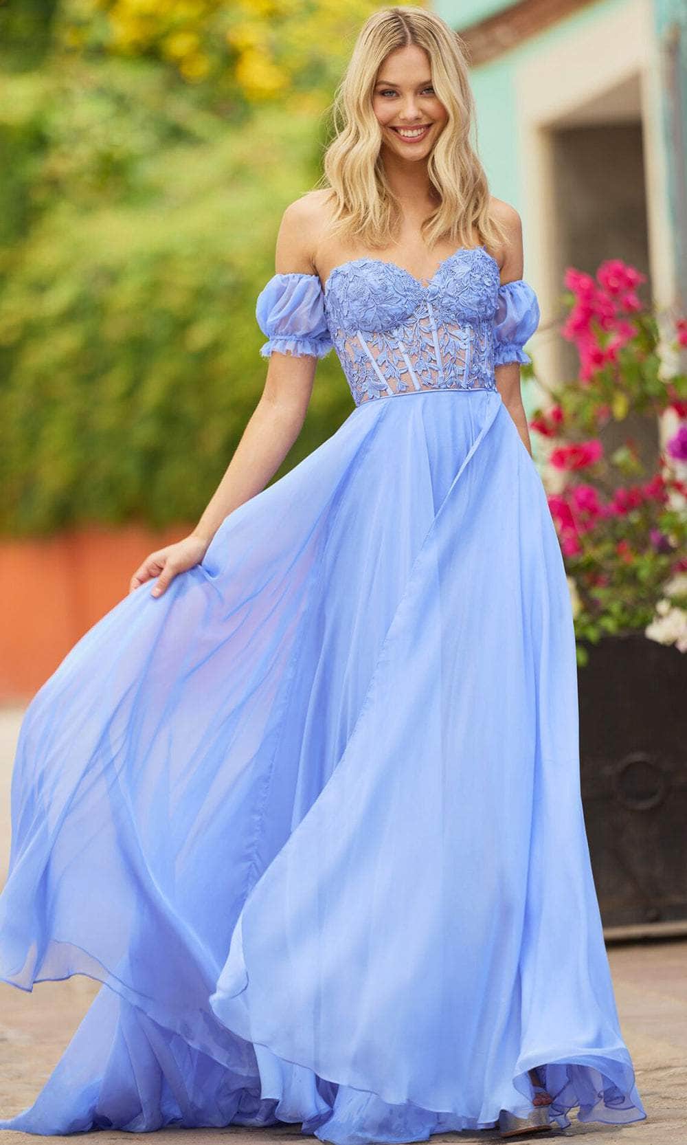 Sherri Hill 55482 - Long Lace/Chiffon A-Line Dress - Strapless, Corset Bodice, Detachable Balook Sleeves, Lace Up Back, Sweep Train ADASA Sherri Hill 55482 - Long Lace/Chiffon A-Line Dress - Strapless, Corset Bodice, Detachable Balook Sleeves, Lace Up Back, Sweep Train ADASA