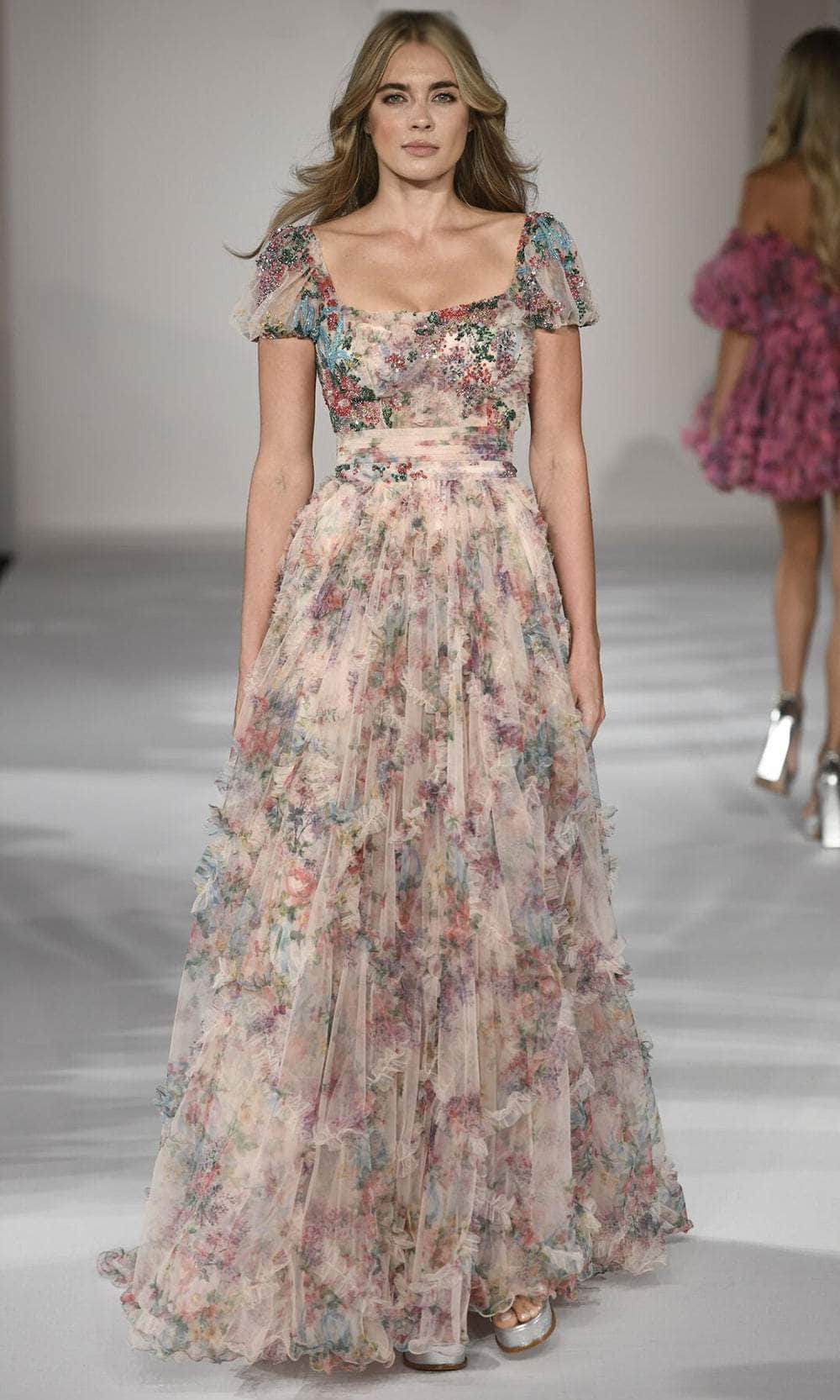 Sherri Hill 55560 - Long Tulle A-line Dress - Short sleeves, Fit and flare, Printed, Floral, Ruffles, Mid back, Lace-up tie, Flowy, Floor length, Sherri Hill 55560 - Long Tulle A-line Dress - Short sleeves, Fit and flare, Printed, Floral, Ruffles, Mid back, Lace-up tie, Flowy, Floor length,