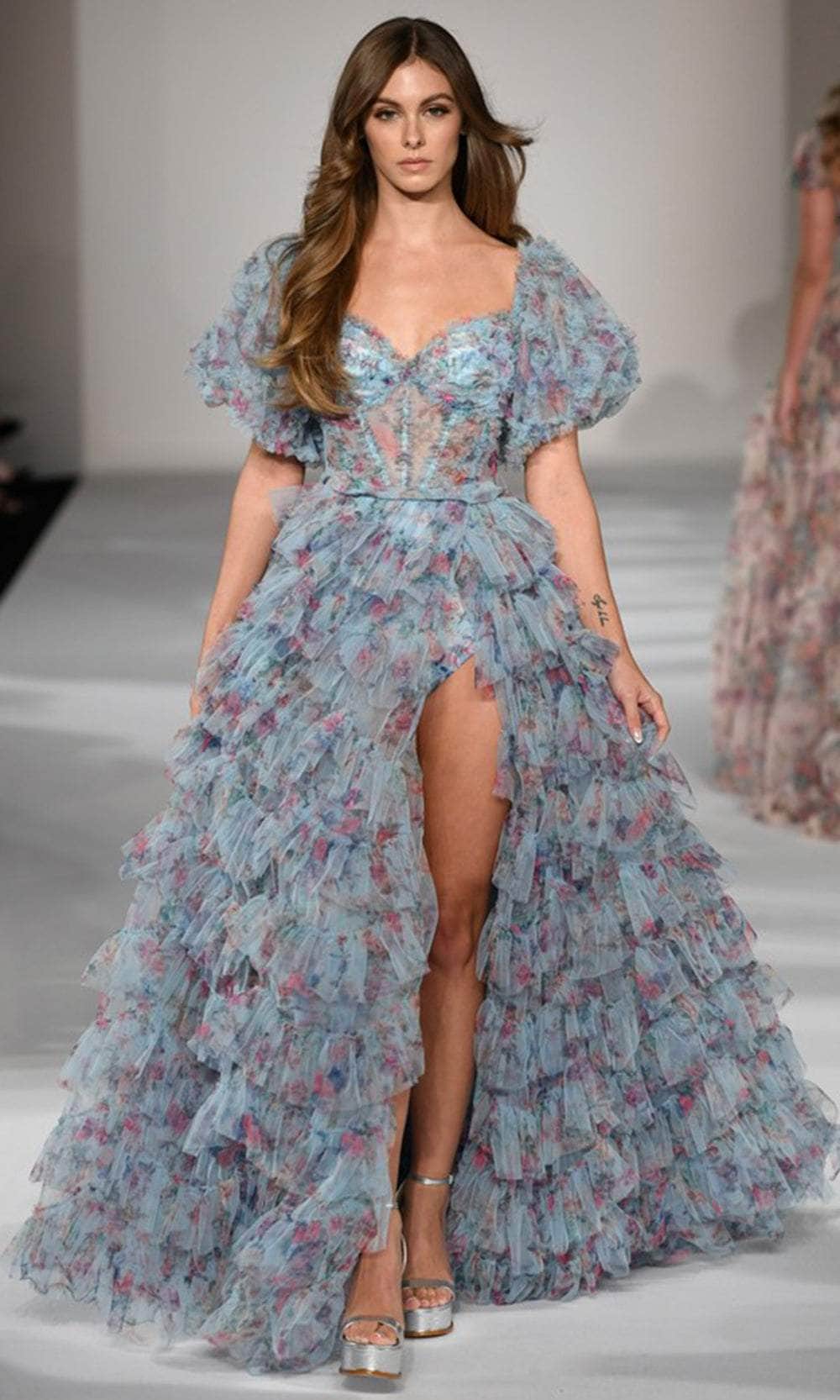 Sherri Hill 55618 - Long Tulle A line Dress - Floral print, Sheer corset bodice, Bodysuit, Balloon sleeves, Ruffles, High slit ADASA Sherri Hill 55618 - Long Tulle A line Dress - Floral print, Sheer corset bodice, Bodysuit, Balloon sleeves, Ruffles, High slit ADASA