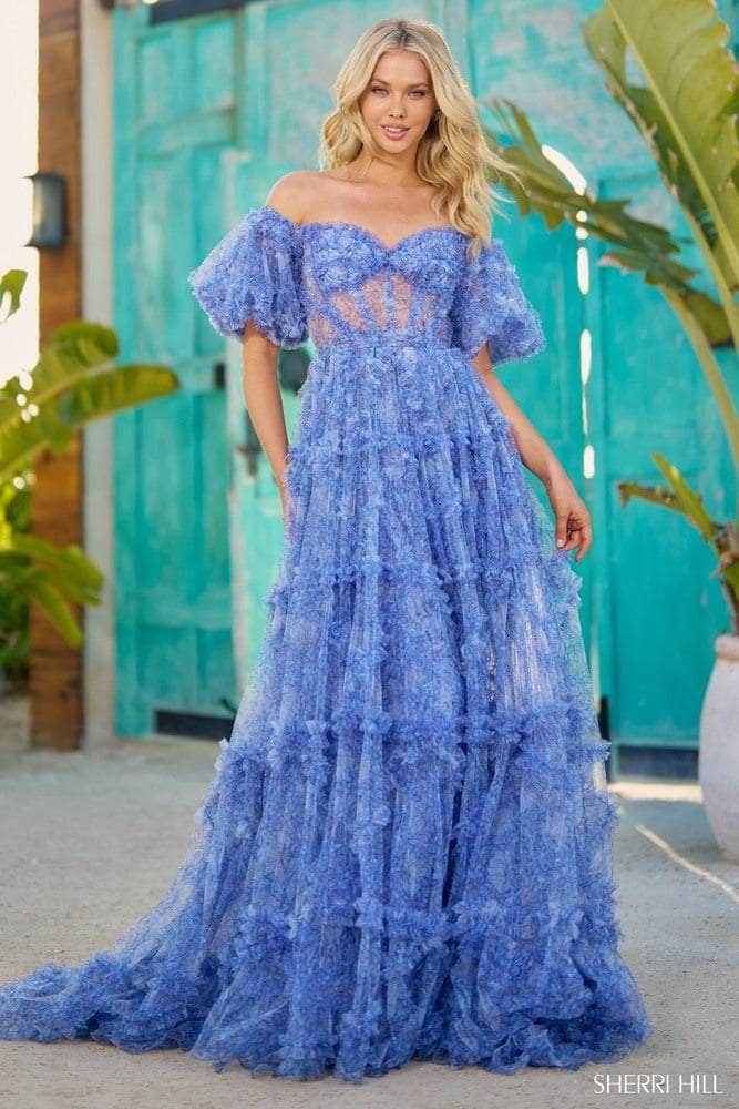 Sherri Hill 56009 - Long Tulle A-Line Dress - Puff Sleeves, Corset Boning, Illusion, Floor Length, Mid-Open Back, Back Zipper, Court Train ADASA Sherri Hill 56009 - Long Tulle A-Line Dress - Puff Sleeves, Corset Boning, Illusion, Floor Length, Mid-Open Back, Back Zipper, Court Train ADASA