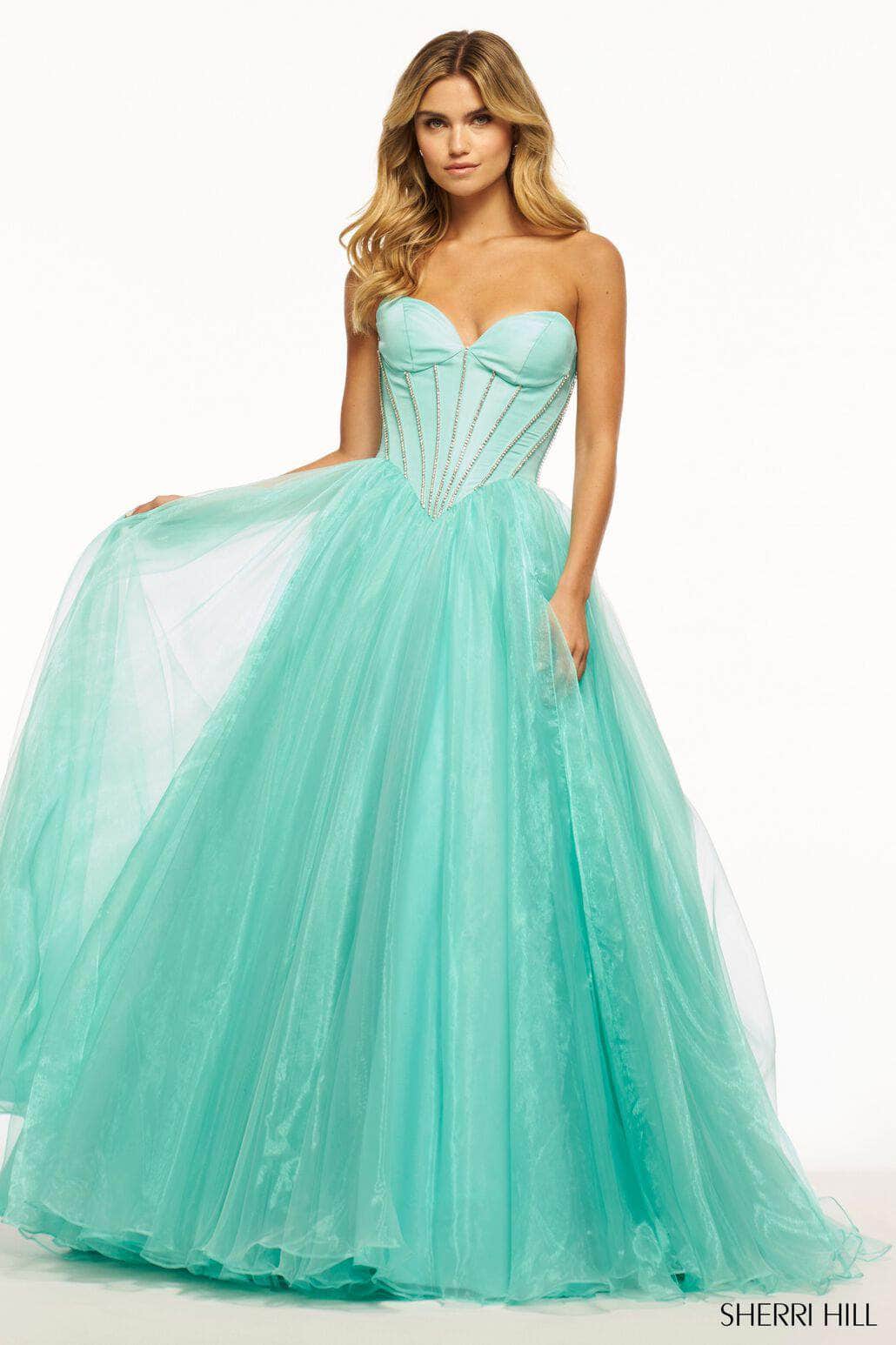 slim fit dress slacks Sherri Hill fitted lace corset prom dress with keyhole top