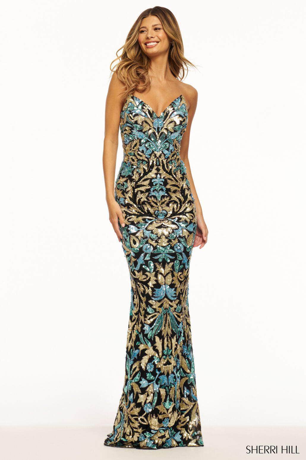 Sherri Hill 56080 - Long Sheath Dress - Strapless, Multi-Colored Beaded, Sequin, Fitted, Open Back, Back Zipper, Sweep Train 0 / Black/Gold/Light Blue Sherri Hill 56080 - Long Sheath Dress - Strapless, Multi-Colored Beaded, Sequin, Fitted, Open Back, Back Zipper, Sweep Train 0 / Black/Gold/Light Blue