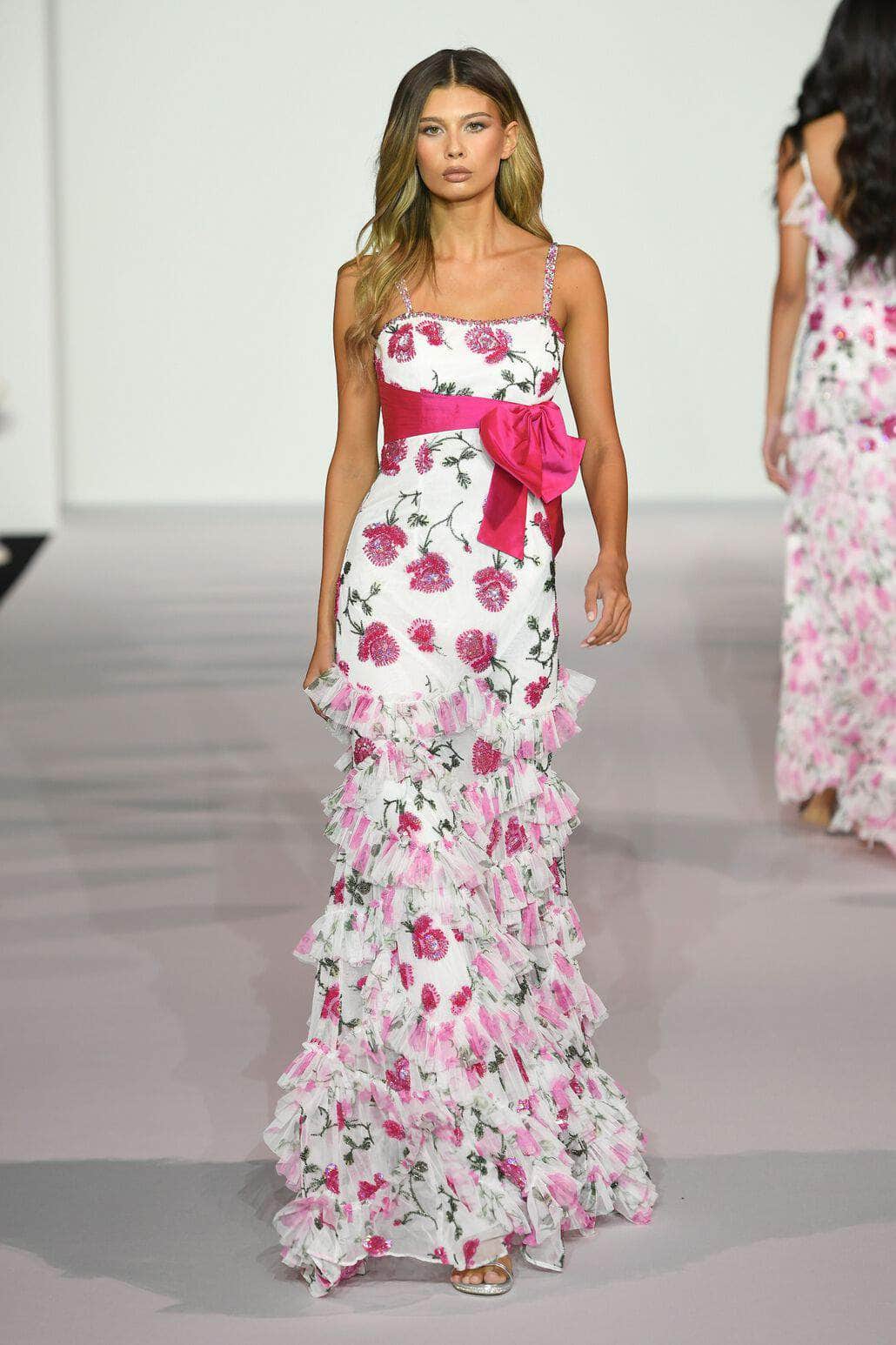Sherri Hill 56321 - Long Sheath Dress - Bead Embellished, Floral, Bow, Thin Straps, Sleeveless, Fitted, Tiered Skirt, Ruffled Skirt, Full Length ADASA Sherri Hill 56321 - Long Sheath Dress - Bead Embellished, Floral, Bow, Thin Straps, Sleeveless, Fitted, Tiered Skirt, Ruffled Skirt, Full Length ADASA