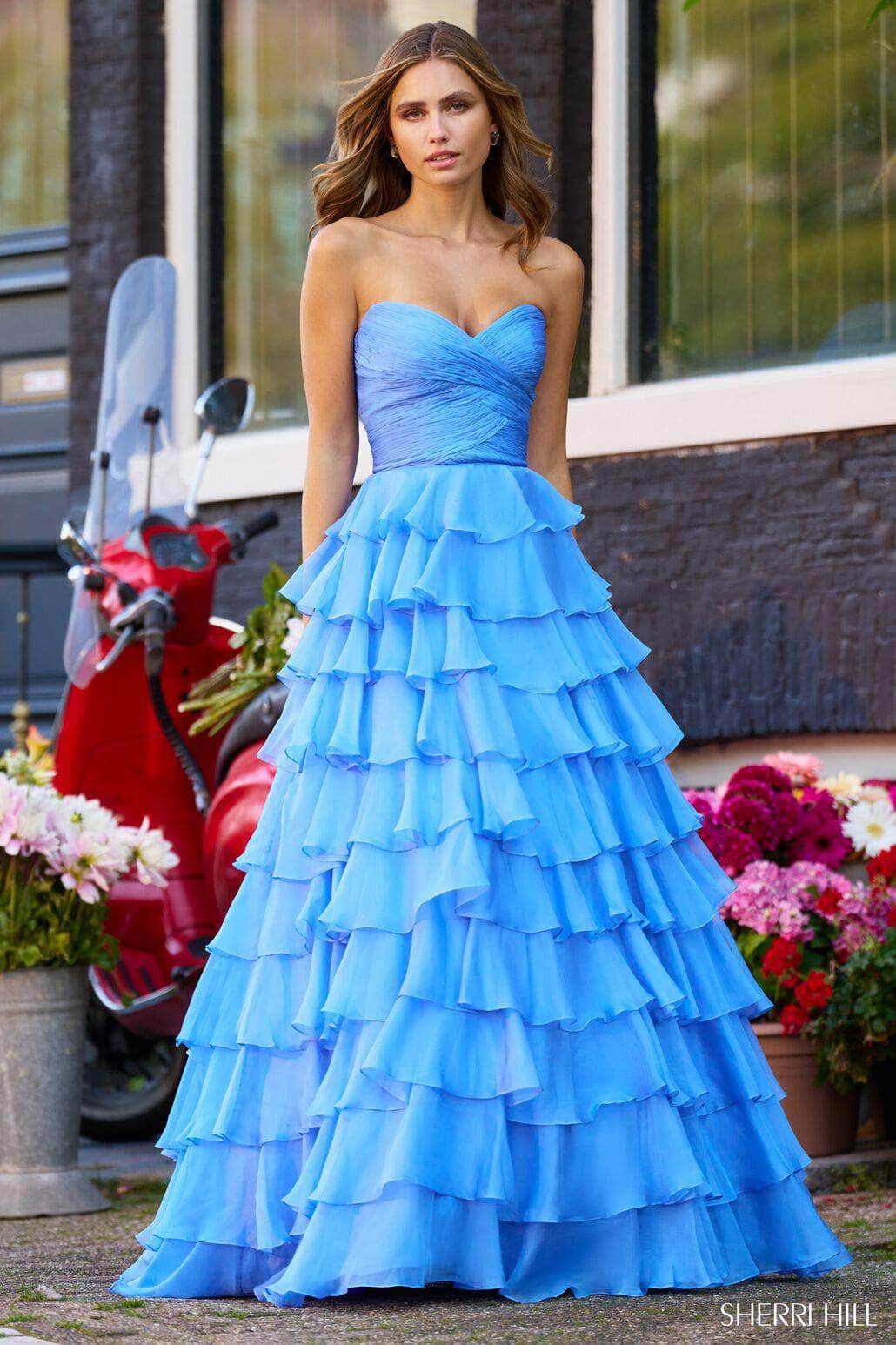 Sherri Hill 56346 - Long A-Line Dress - Fitted, Sleeveless, Strapless, Ruched, Tiered, Ruffled Skirt, Mid-Open Back, Back Zipper, Floor Length 10 / Sherri Hill 56346 - Long A-Line Dress - Fitted, Sleeveless, Strapless, Ruched, Tiered, Ruffled Skirt, Mid-Open Back, Back Zipper, Floor Length 10 /