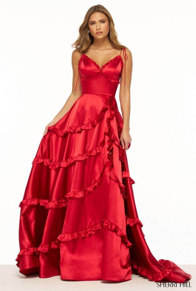 Sherri Hill 56353 - Long Satin A-Line Dress - Sleeveless, Tie Spaghetti  Straps, Ruffles, Wide Waistband, Backless, Back Zipper, Sweep Train  ADASA