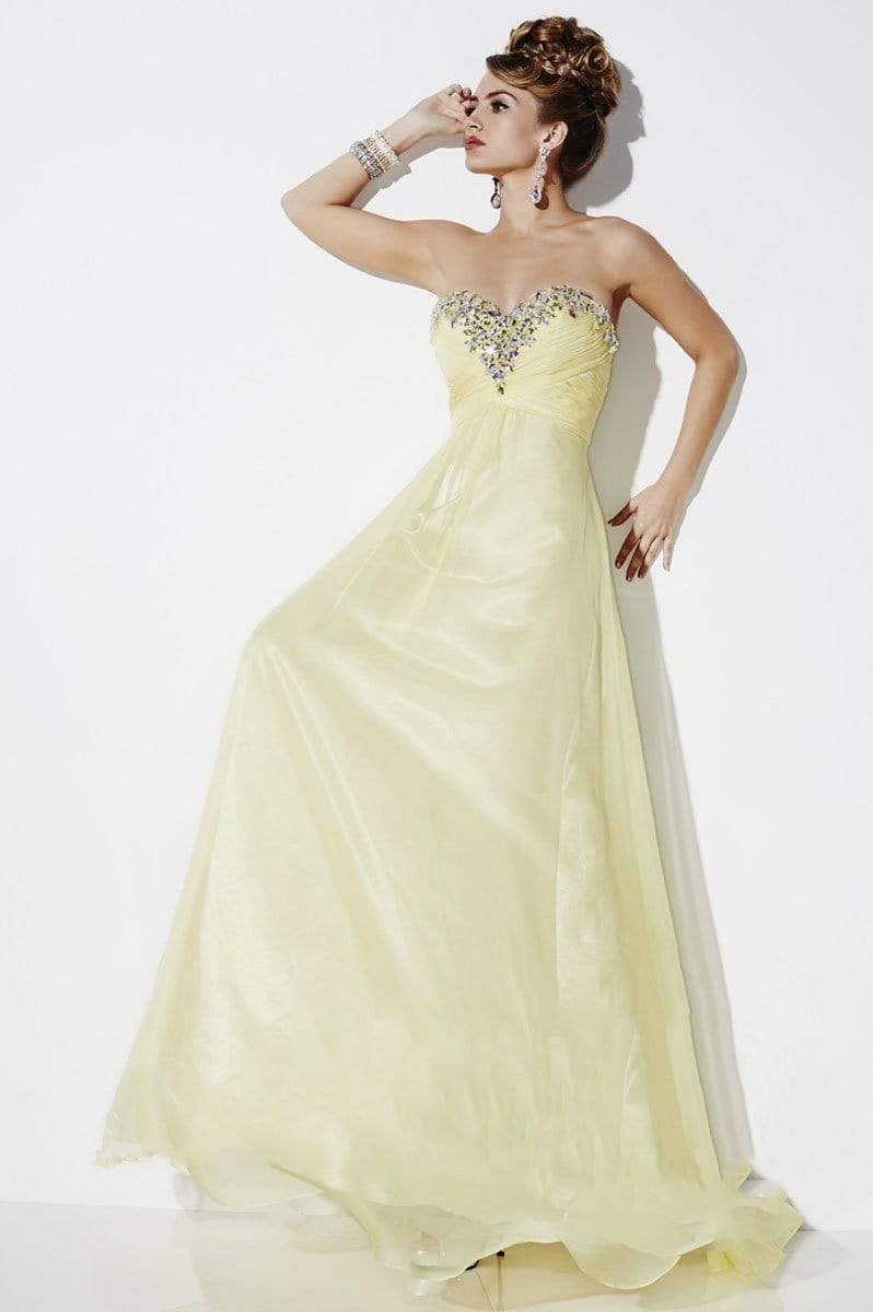 Studio 17 12492 - Long Chiffon A-Line Dress - Strapless, Ruched bodice, Beaded and sequins embellished, Floor length, Back zipper closure ADASA Studio 17 12492 - Long Chiffon A-Line Dress - Strapless, Ruched bodice, Beaded and sequins embellished, Floor length, Back zipper closure ADASA