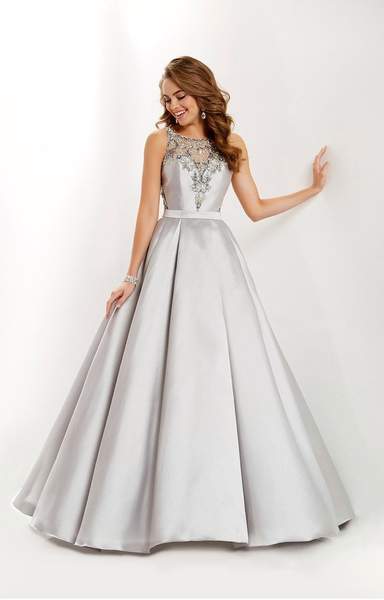 Studio 17 - Beaded Illusion Halter Pleated Mikado Ballgown 12676 CCSALE 18 / Platinum