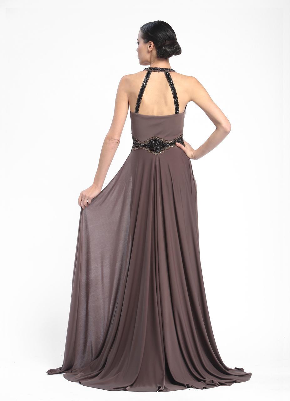 Sue Wong - Embellished Halter Neck A-Line Dress N5347 in Brown
