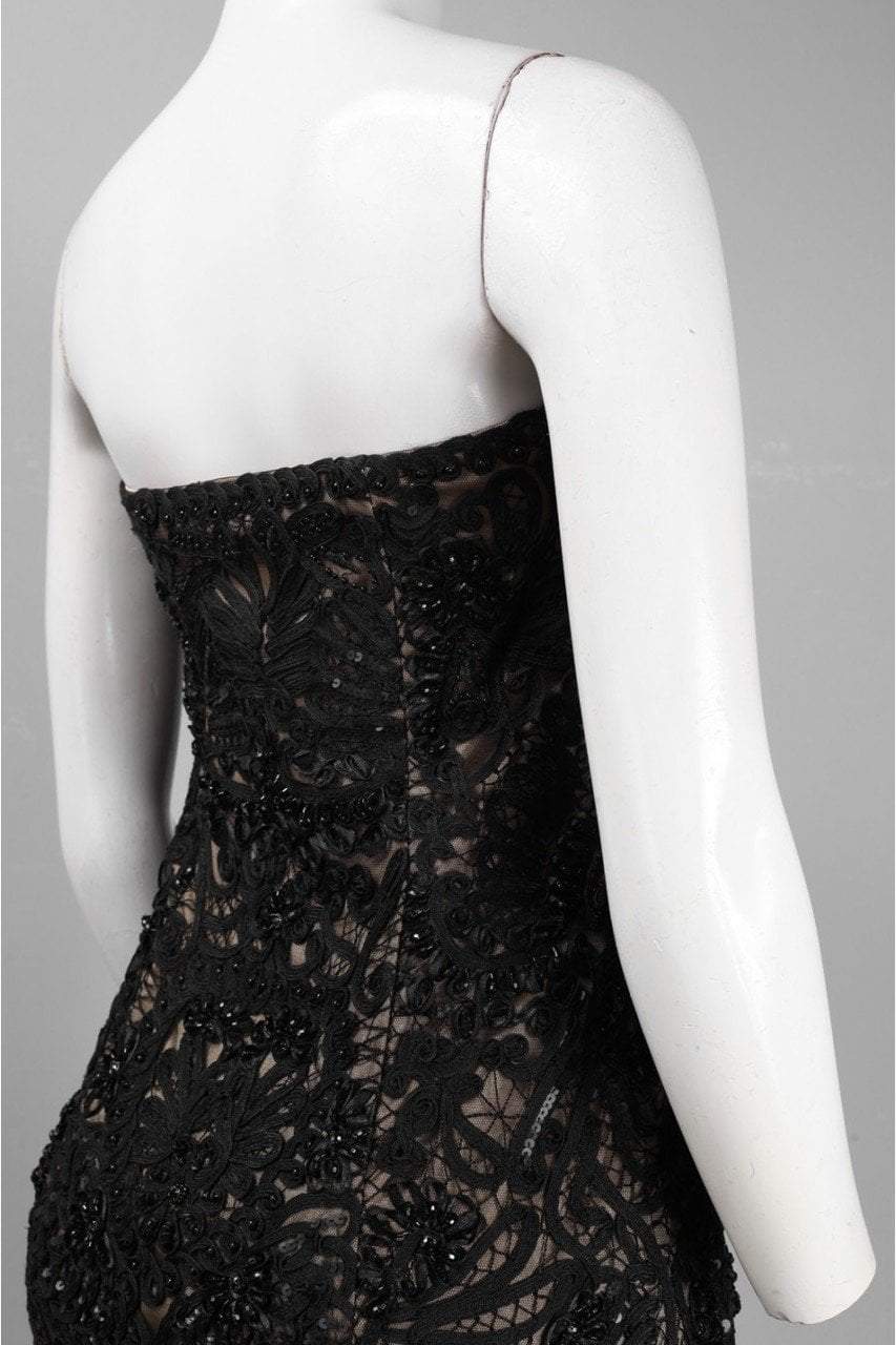 Sue Wong - S0300 Strapless Ribbon Appliqued Sheath Dress in Black