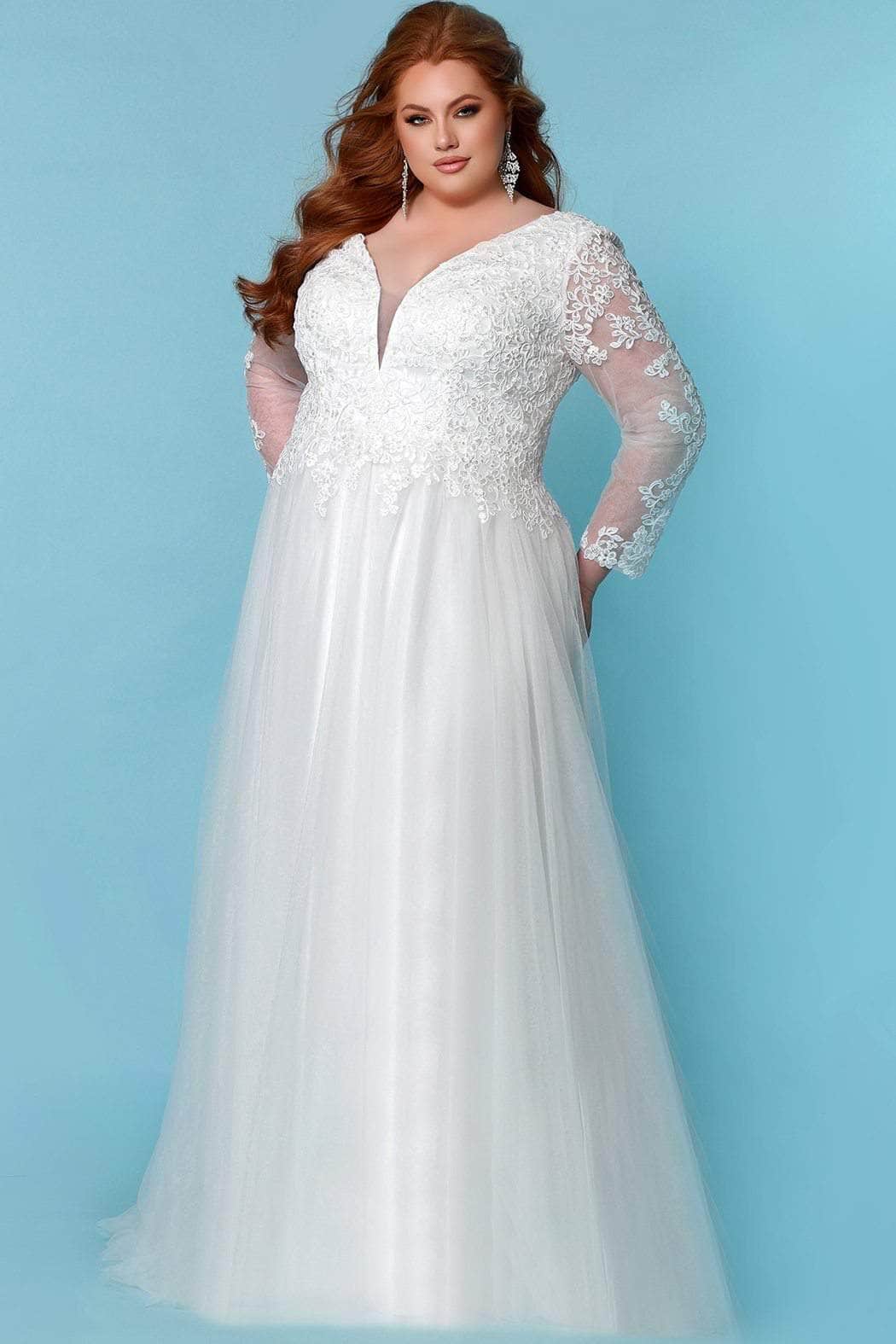 Sydney's Closet Bridal SC5271 - Long Soft Bridal Tulle, Satin A-Line Dress - Long Sheer Sleeves, Embroidery, Deep Neckline, Tulle, Mid Back, Lace-Up Tie, Floor Length, Sweep Train, Plus Size ADASA Sydney's Closet Bridal SC5271 - Long Soft Bridal Tulle, Satin A-Line Dress - Long Sheer Sleeves, Embroidery, Deep Neckline, Tulle, Mid Back, Lace-Up Tie, Floor Length, Sweep Train, Plus Size ADASA