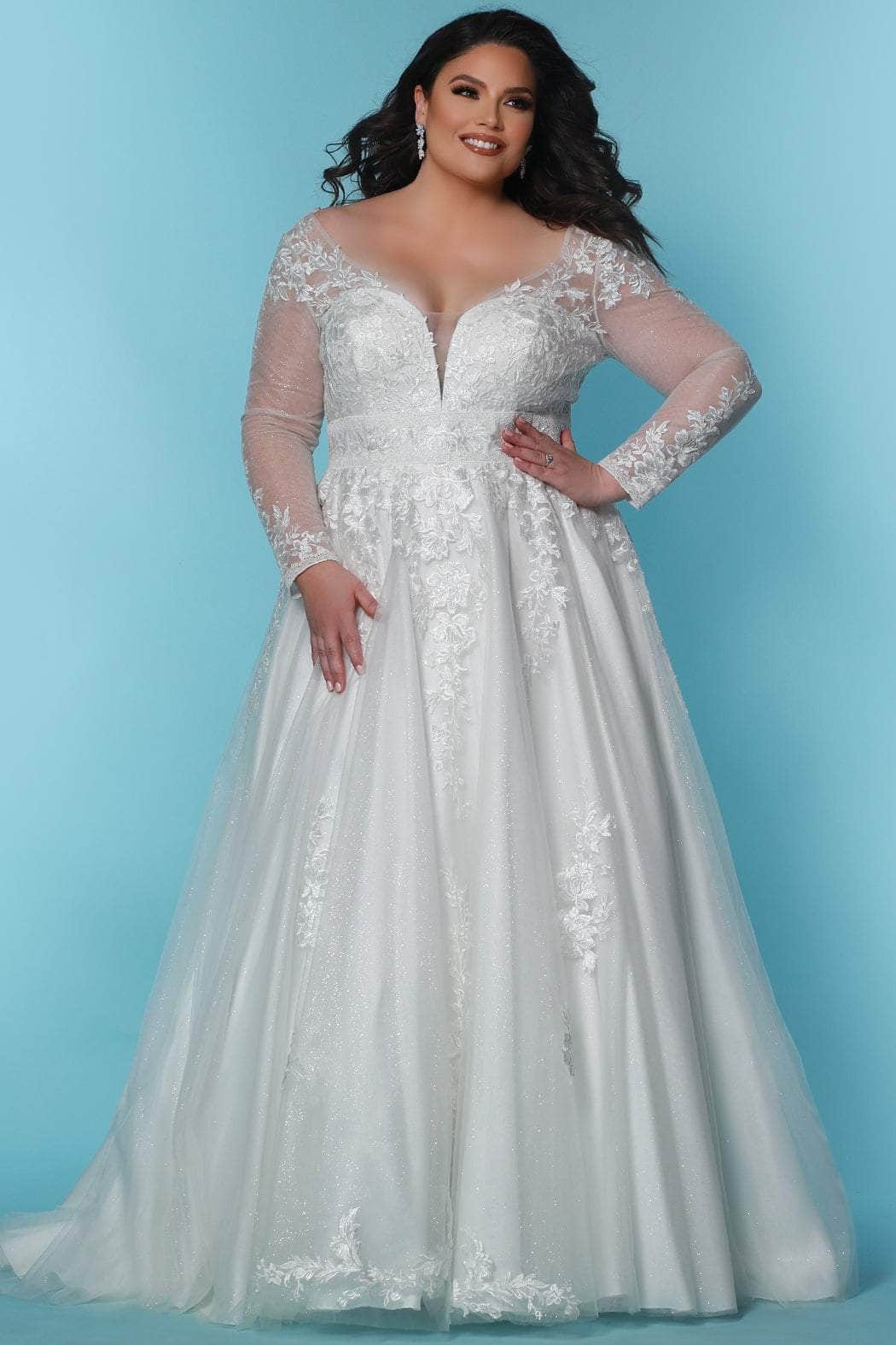 Sydney's Closet Bridal SC5282 - Long Lace, Floral Appliques, Glitter Tulle A-Line Dress - Long Sheer Sleeves, Embroidery, Floral, V Back, Back Zipper, Sydney's Closet Bridal SC5282 - Long Lace, Floral Appliques, Glitter Tulle A-Line Dress - Long Sheer Sleeves, Embroidery, Floral, V Back, Back Zipper,