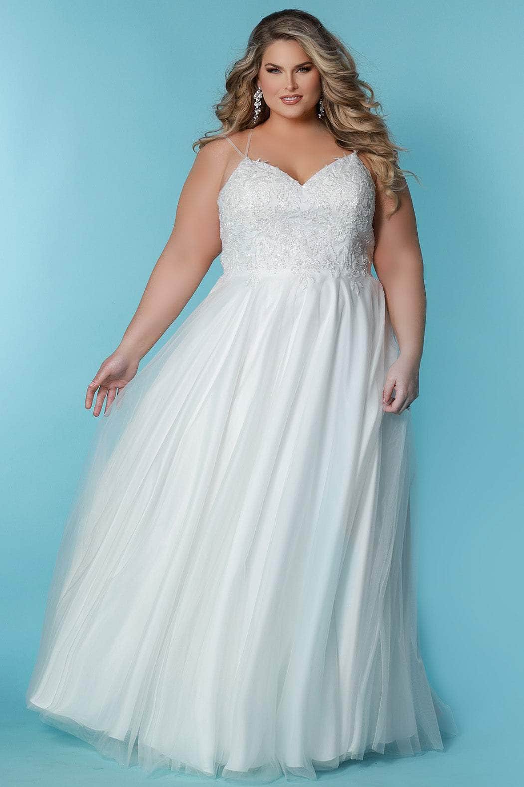 Sydney's Closet Bridal SC5283 - Long Lace, Tulle, Glitter Tulle A-Line Dress - Spaghetti Double Straps, Sleeveless, Beads, Tulle, Mid Back, Back Zipper, Full Length, Sweep Train, Plus Size ADASA Sydney's Closet Bridal SC5283 - Long Lace, Tulle, Glitter Tulle A-Line Dress - Spaghetti Double Straps, Sleeveless, Beads, Tulle, Mid Back, Back Zipper, Full Length, Sweep Train, Plus Size ADASA