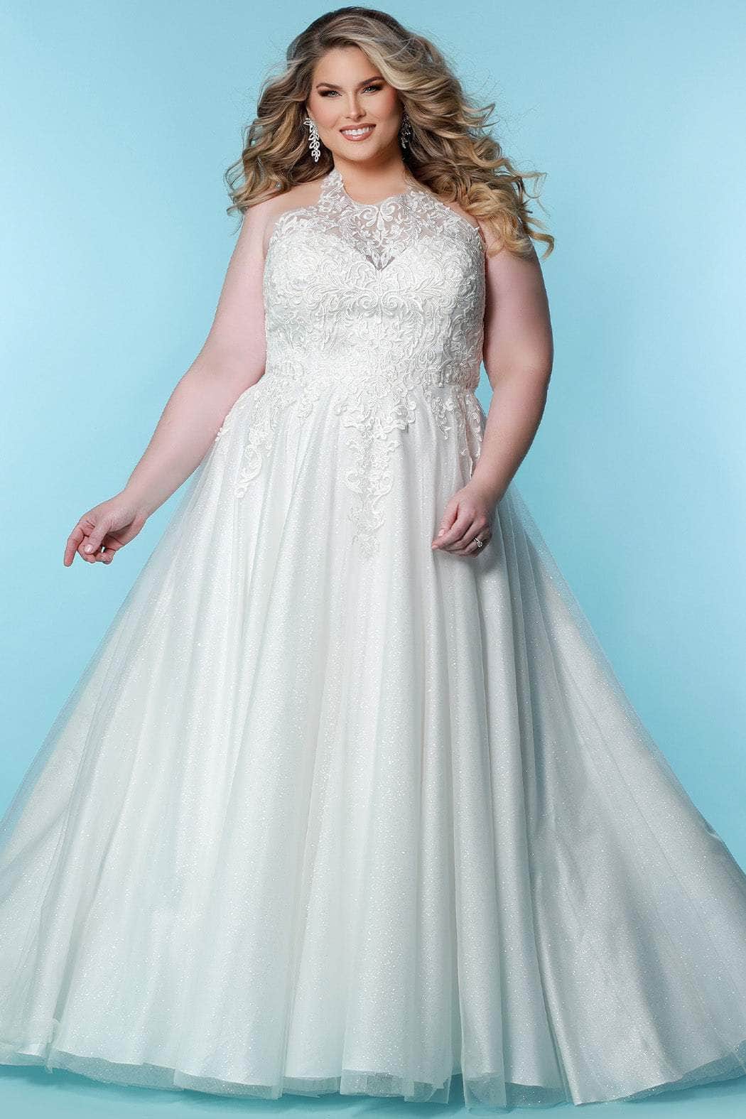 Sydney's Closet Bridal SC5284 - Long Lace, Tulle, Glitter Tulle A-Line Dress - Sleeveless, Embroidery, Glitters, Bridal Dress, Lace-Up Tie, Floor Length, Sweep Train, Plus Size ADASA Sydney's Closet Bridal SC5284 - Long Lace, Tulle, Glitter Tulle A-Line Dress - Sleeveless, Embroidery, Glitters, Bridal Dress, Lace-Up Tie, Floor Length, Sweep Train, Plus Size ADASA