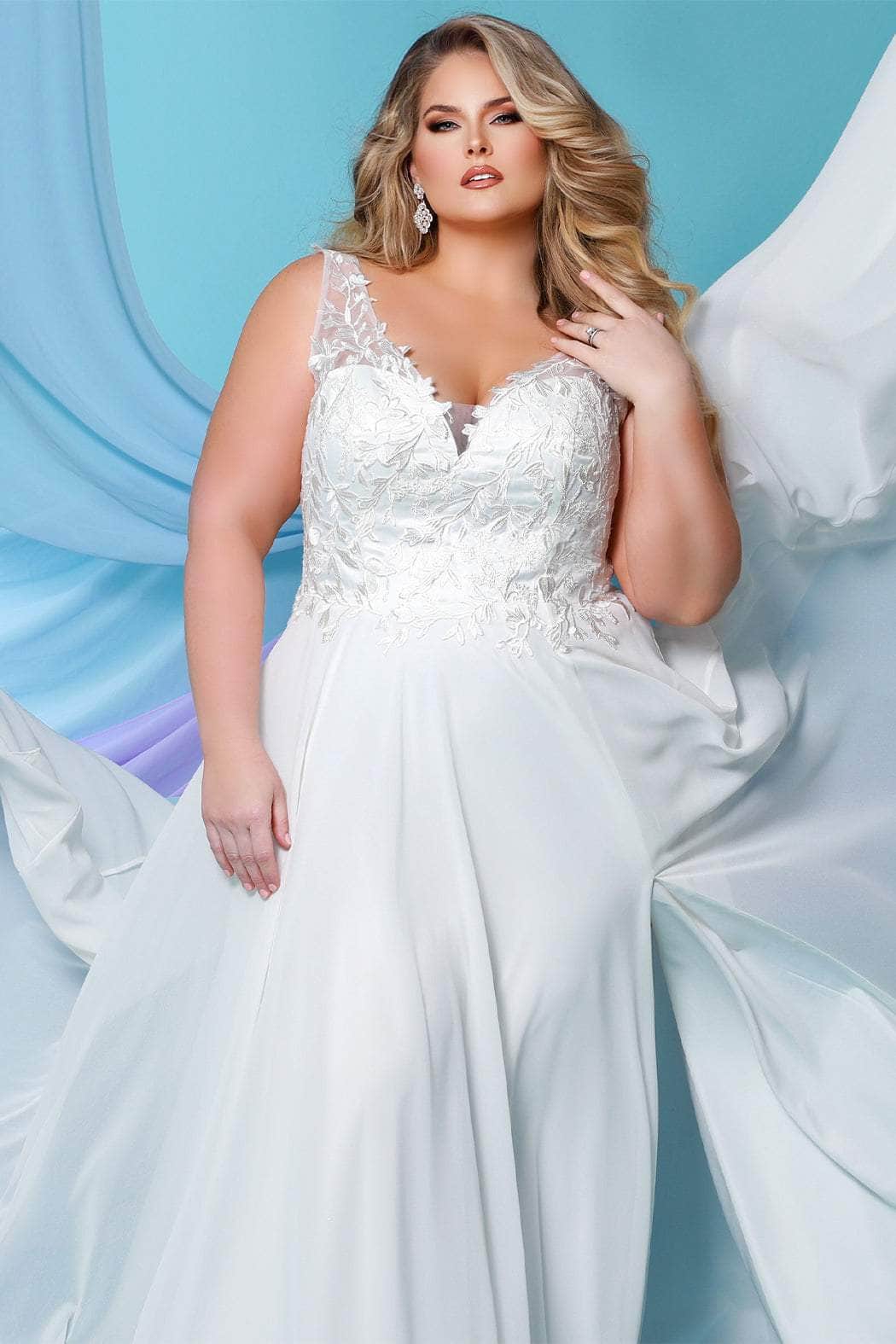 Sydney's Closet Bridal SC5295 - Long Chiffon, Lace, Mesh A-Line Dress - Sleeveless, Sheer Panel, Leaf Patterns, Embroidery, Chiffon, High Slit, V Back, Back Zipper, Floor Length, Sweep Train, Plus Size ADASA Sydney's Closet Bridal SC5295 - Long Chiffon, Lace, Mesh A-Line Dress - Sleeveless, Sheer Panel, Leaf Patterns, Embroidery, Chiffon, High Slit, V Back, Back Zipper, Floor Length, Sweep Train, Plus Size ADASA