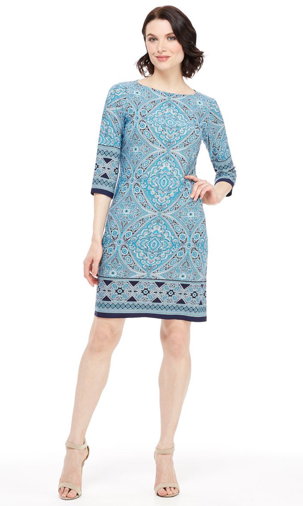 London Times - T1720M Geo Print Quarter Sleeve Shift Dress In Blue