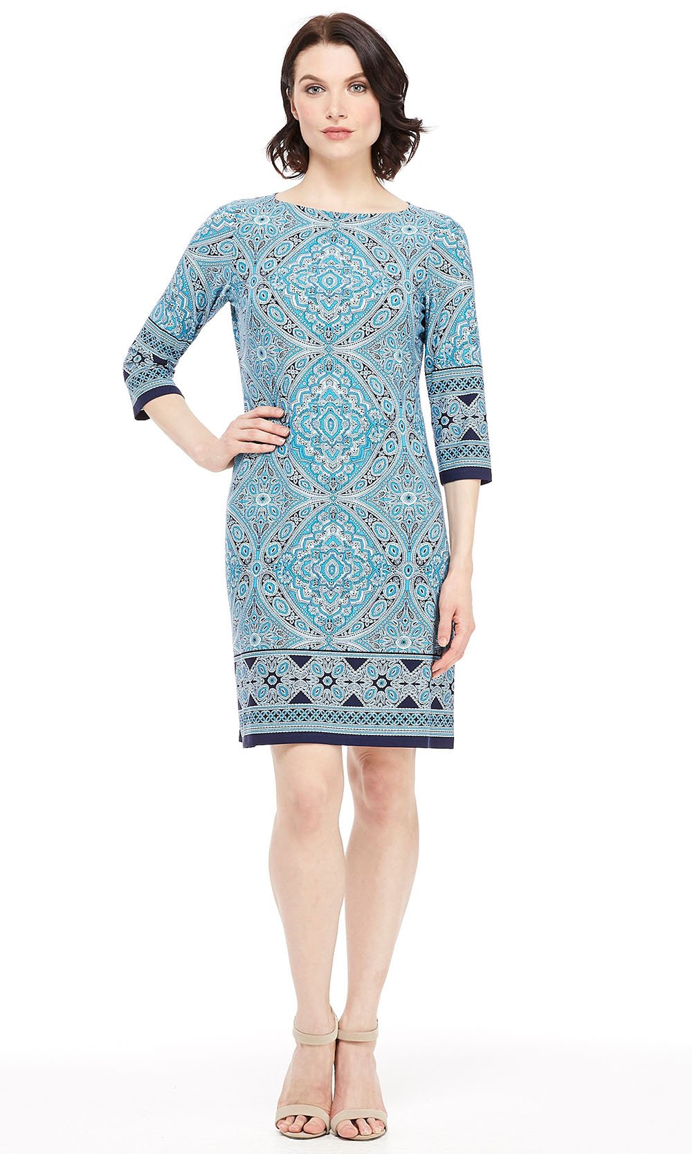London Times - T1720M Geo Print Quarter Sleeve Shift Dress In Blue
