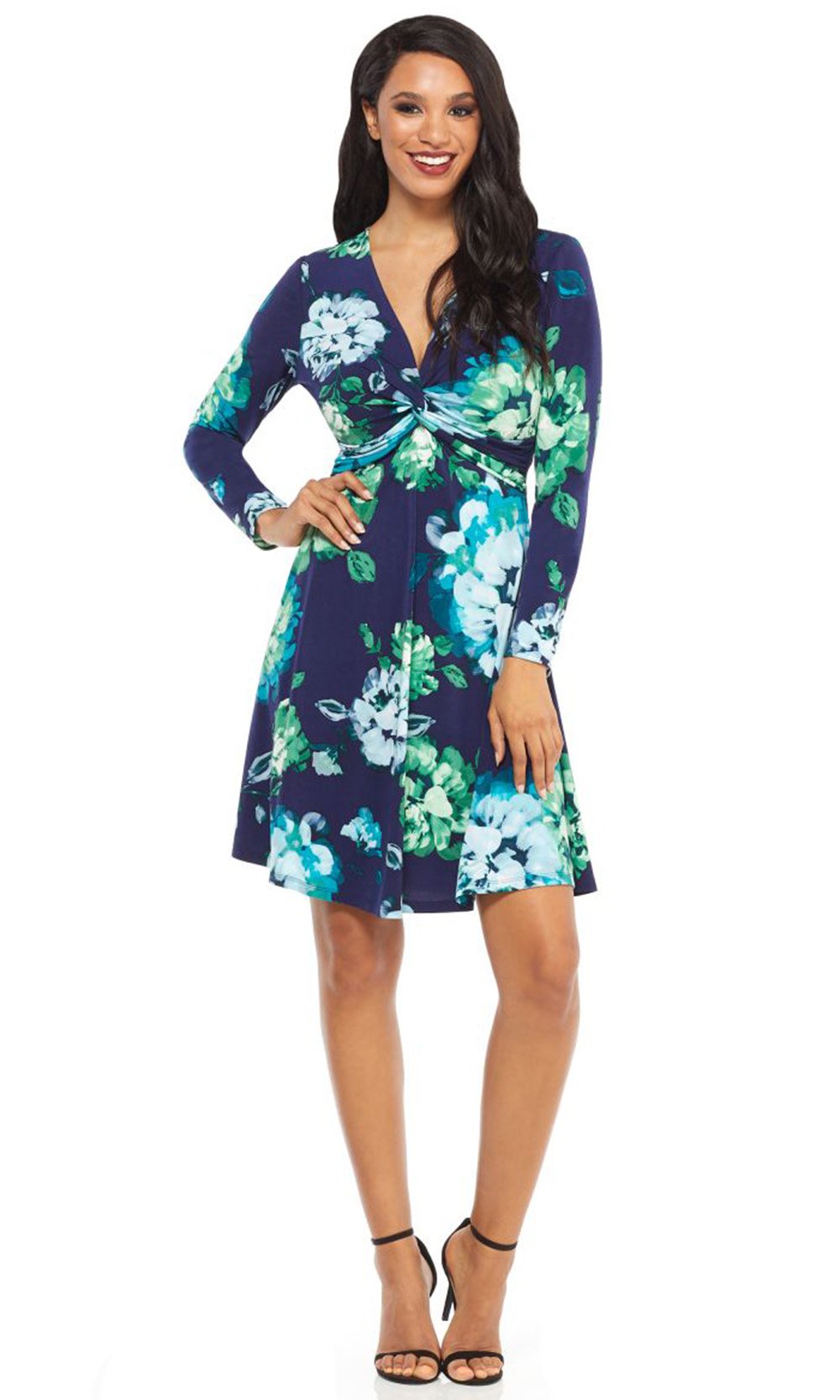 London Times - T3417M Long Sleeve Multi-Color Floral Print Dress In Blue and Multi-Color