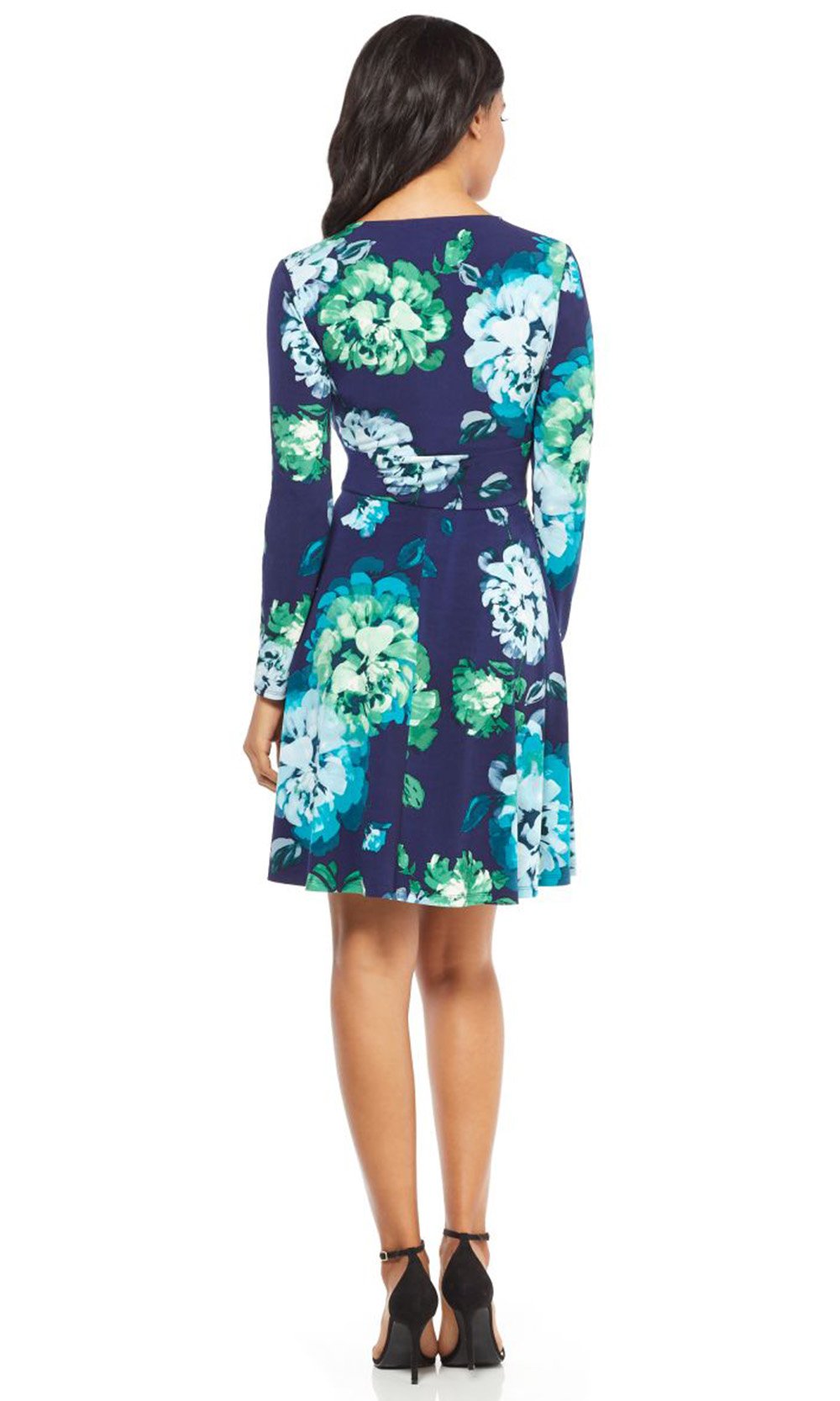 London Times - T3417M Long Sleeve Multi-Color Floral Print Dress In Blue and Multi-Color