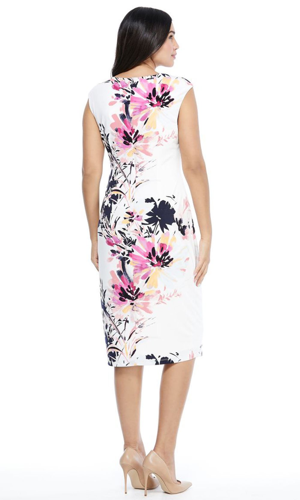 London Times - T3602M Floral Print Body Con Tea Length Dress In Multi-Color