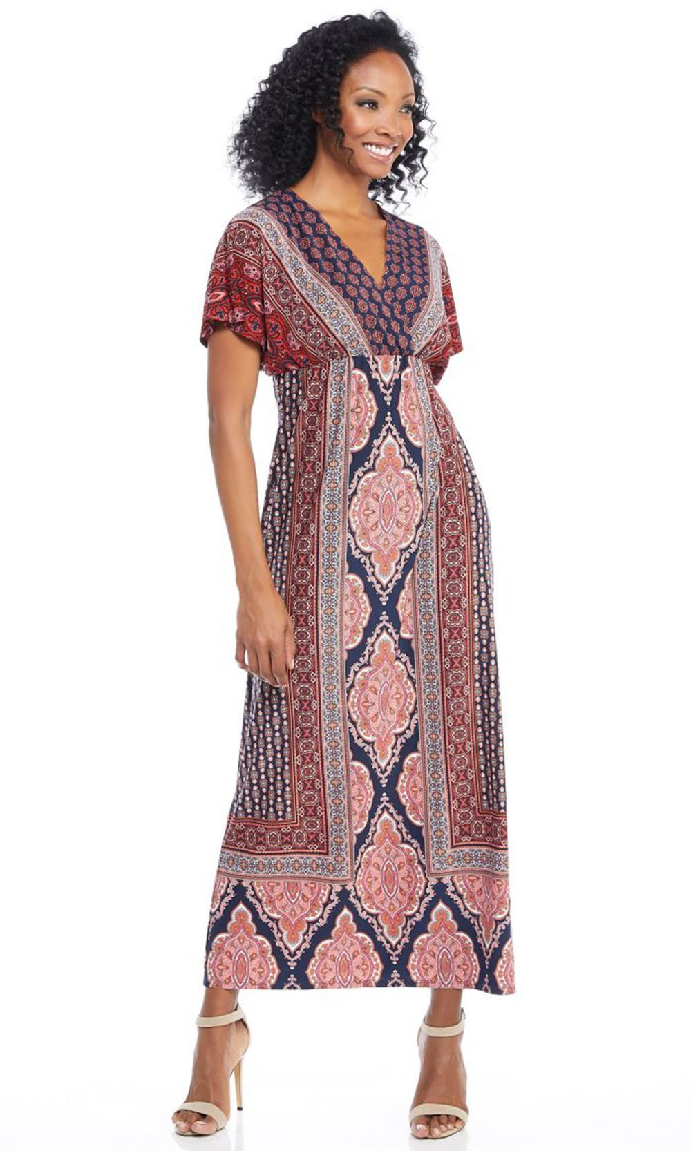 London Times - T3808M Short Sleeve Multi Print V-Neck Dress In Print and Pink