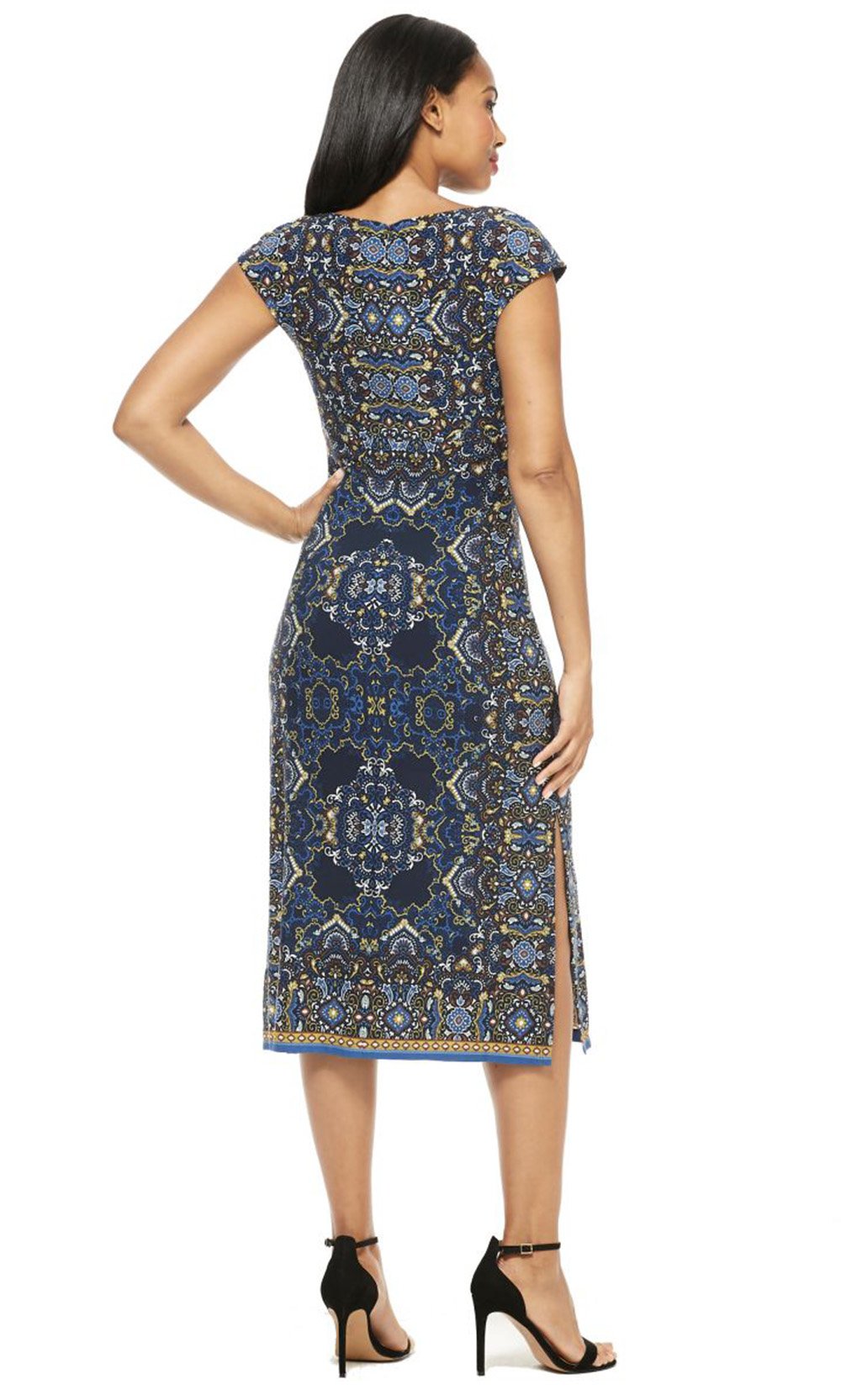 London Times - T4466M Geo Print V Neck Slim A-Line Midi Dress In Blue and Print