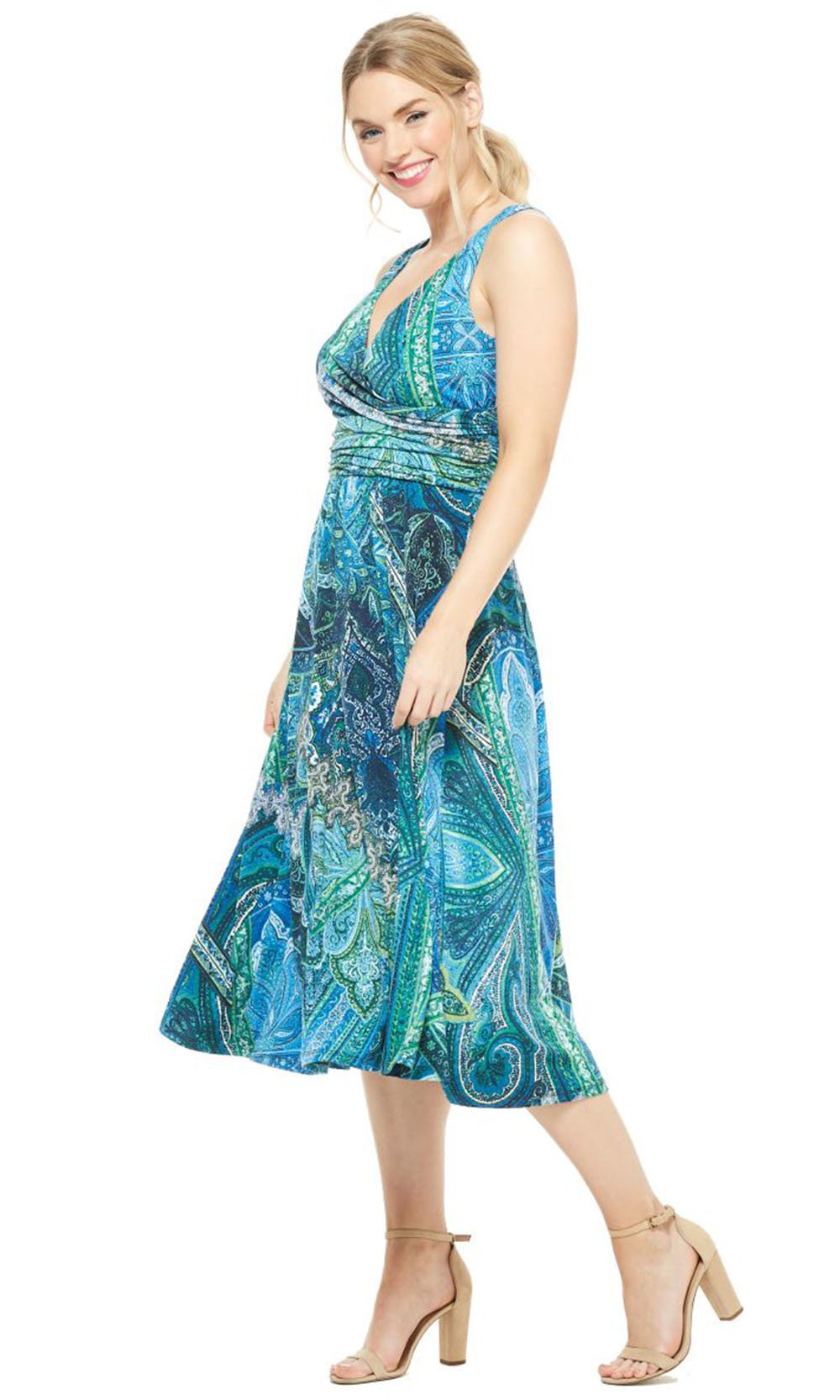 London Times - T4494M Peacock Inspired Sleeveless V-Neck Dress In Blue