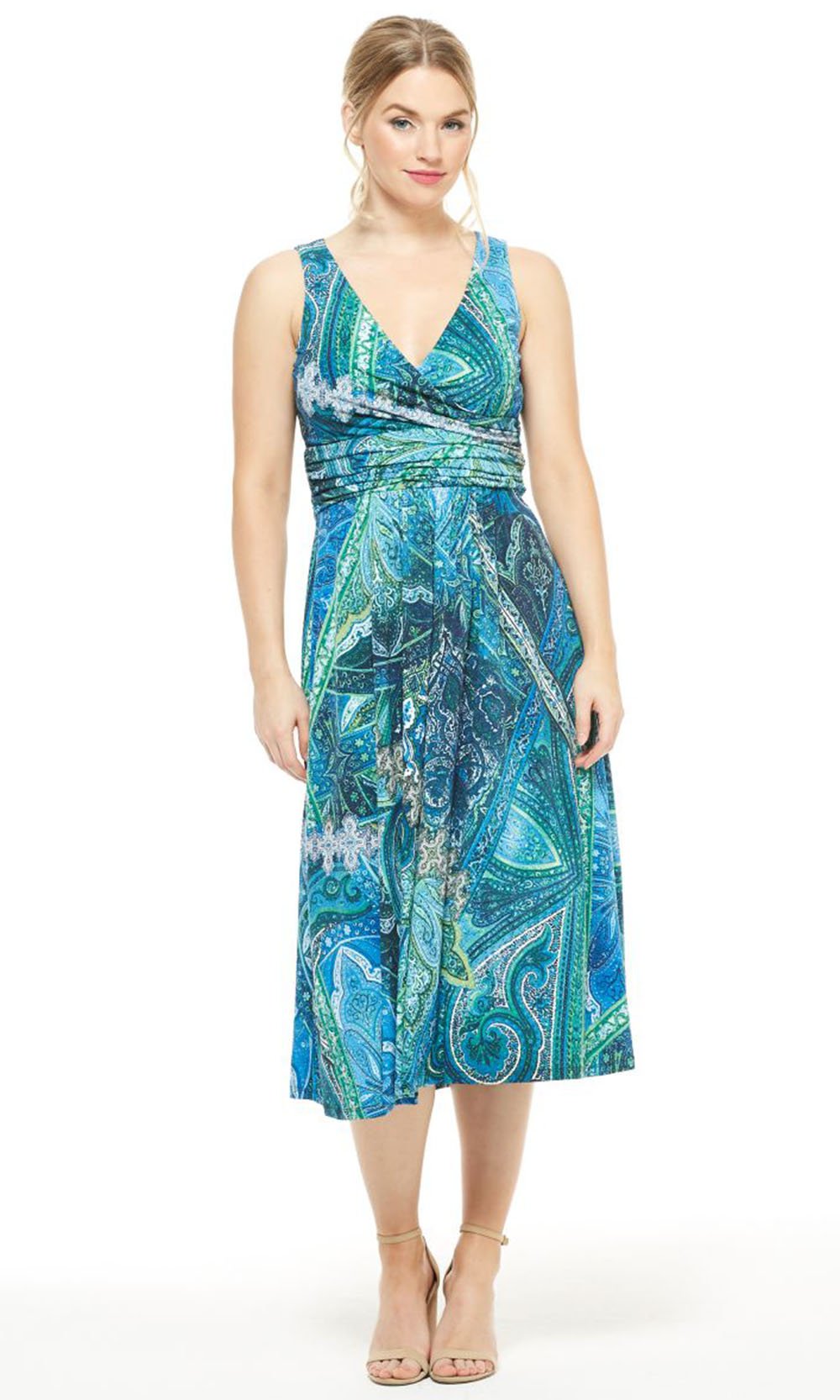 London Times - T4494M Peacock Inspired Sleeveless V-Neck Dress In Blue