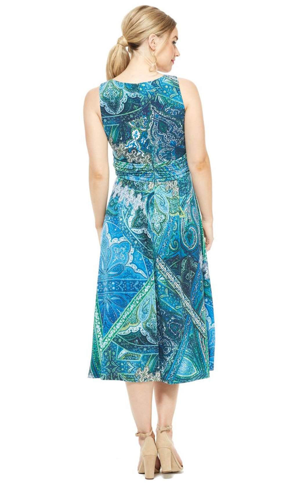 London Times - T4494M Peacock Inspired Sleeveless V-Neck Dress In Blue