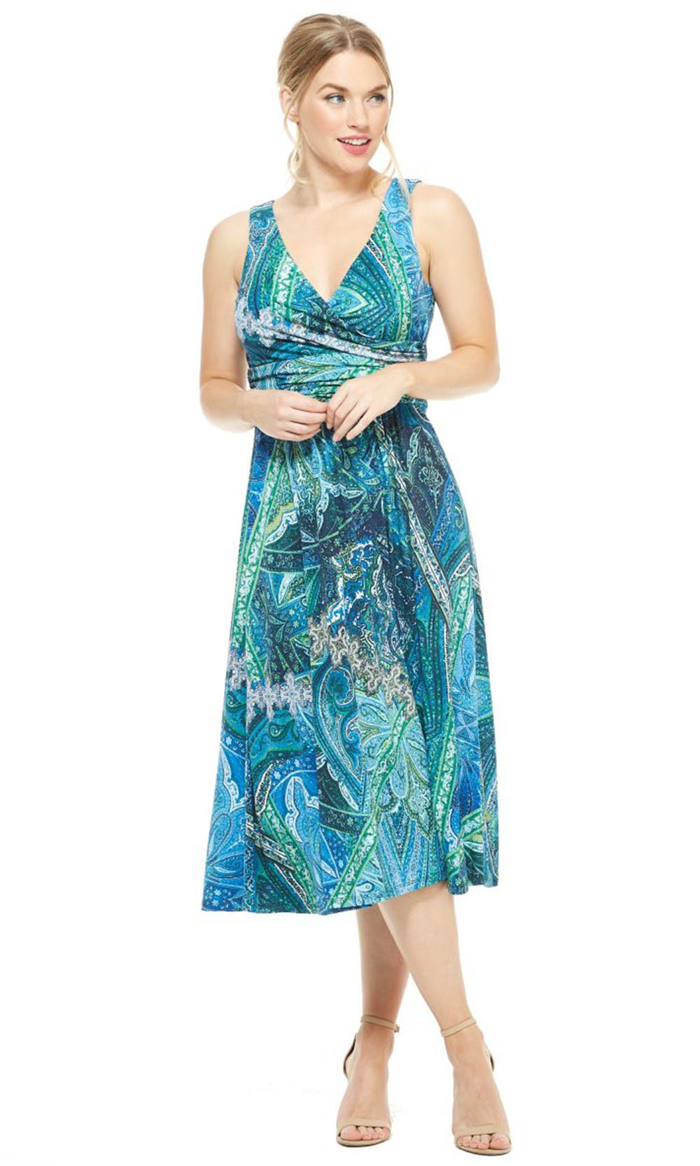 London Times - T4494M Peacock Inspired Sleeveless V-Neck Dress In Blue