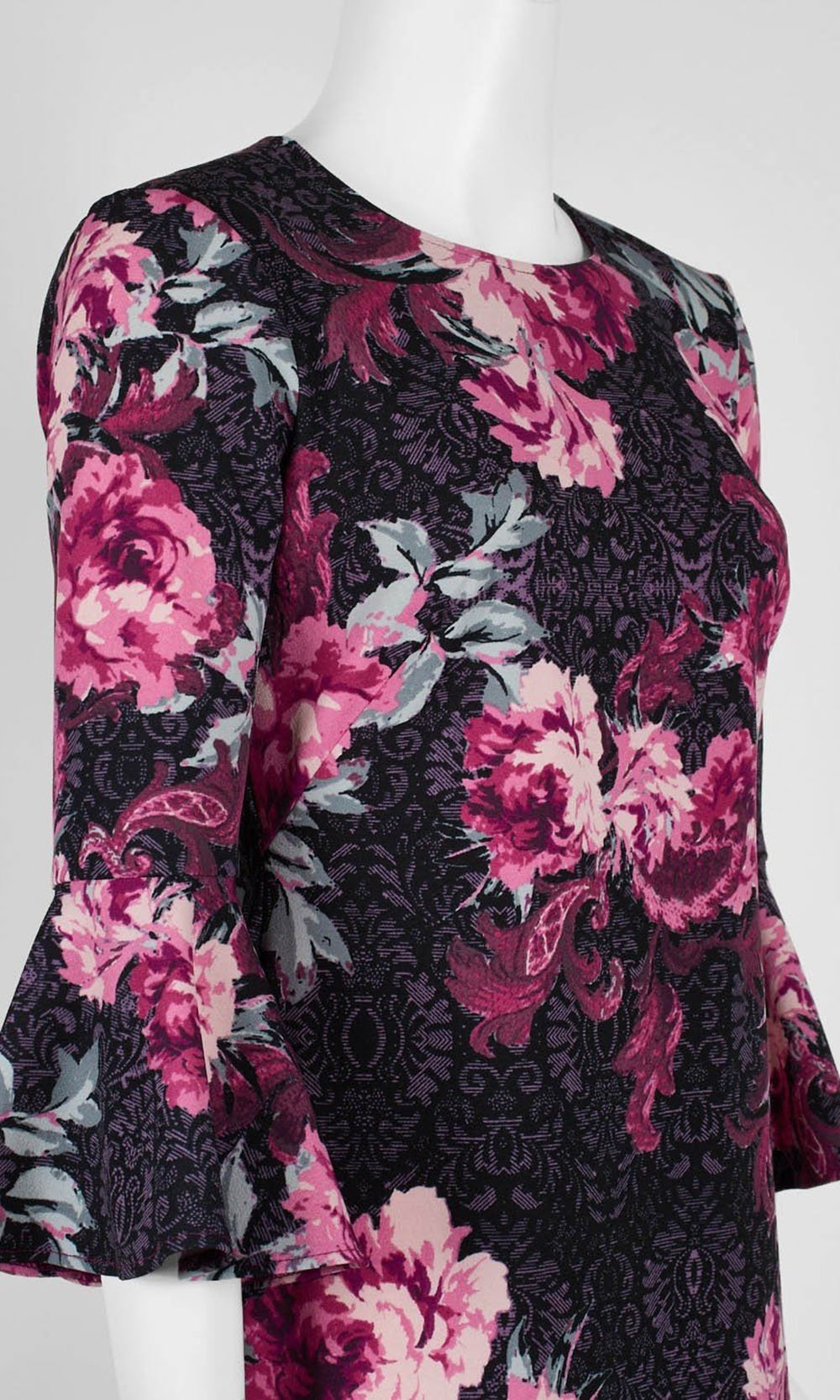 London Times - T4663M Flounce Sleeve Floral Print Sheath Dress In Black and Pink