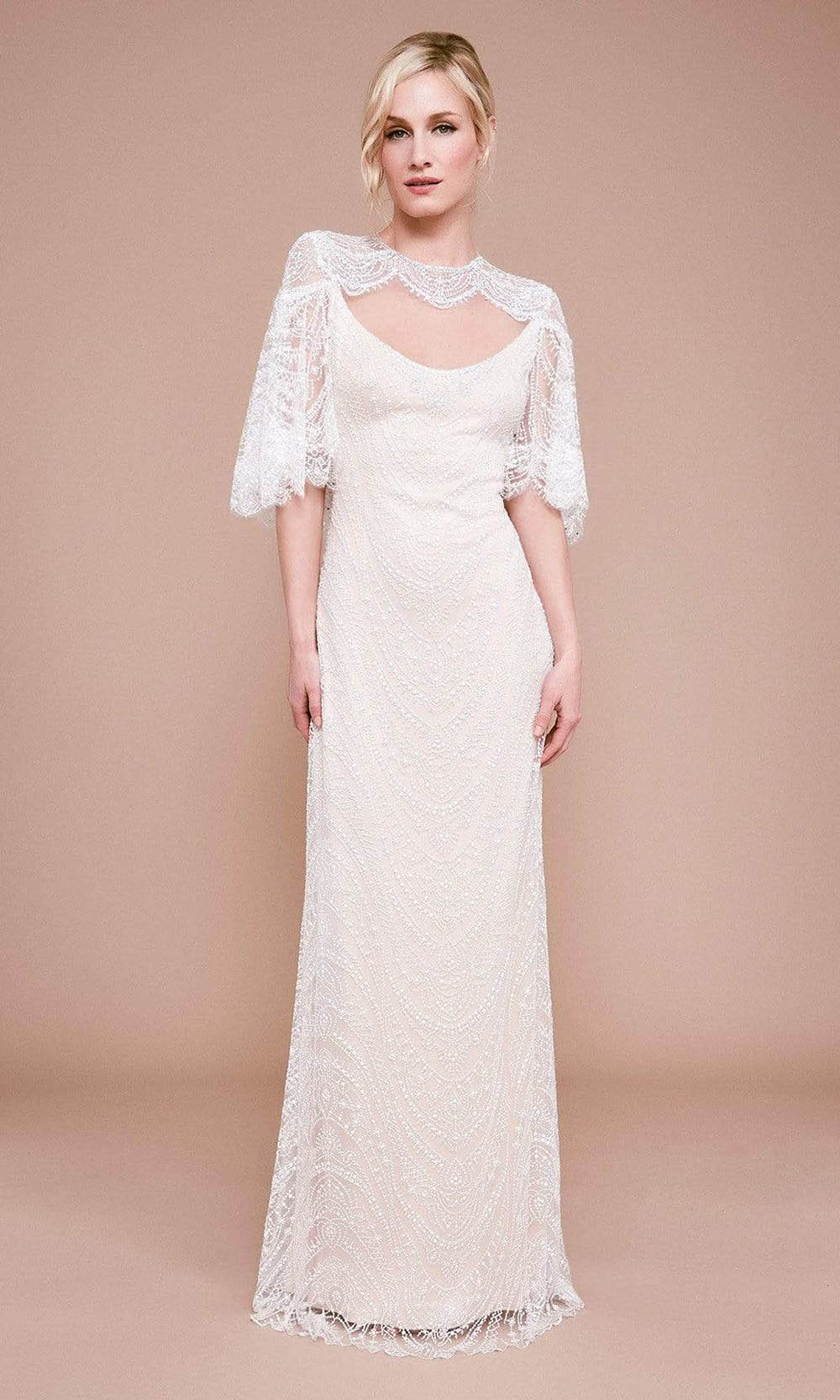 Tadashi Shoji - Atwood Lace Gown with Capelet BKV19771LBR - 1 pc Ivory/Petal In Size 8 Available CCSALE 8 / Ivory/Petal