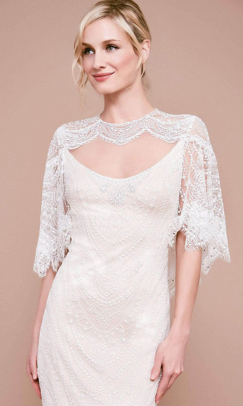 Tadashi Shoji - Atwood Lace Gown with Capelet BKV19771LBR - 1 pc Ivory/Petal In Size 8 Available CCSALE 8 / Ivory/Petal