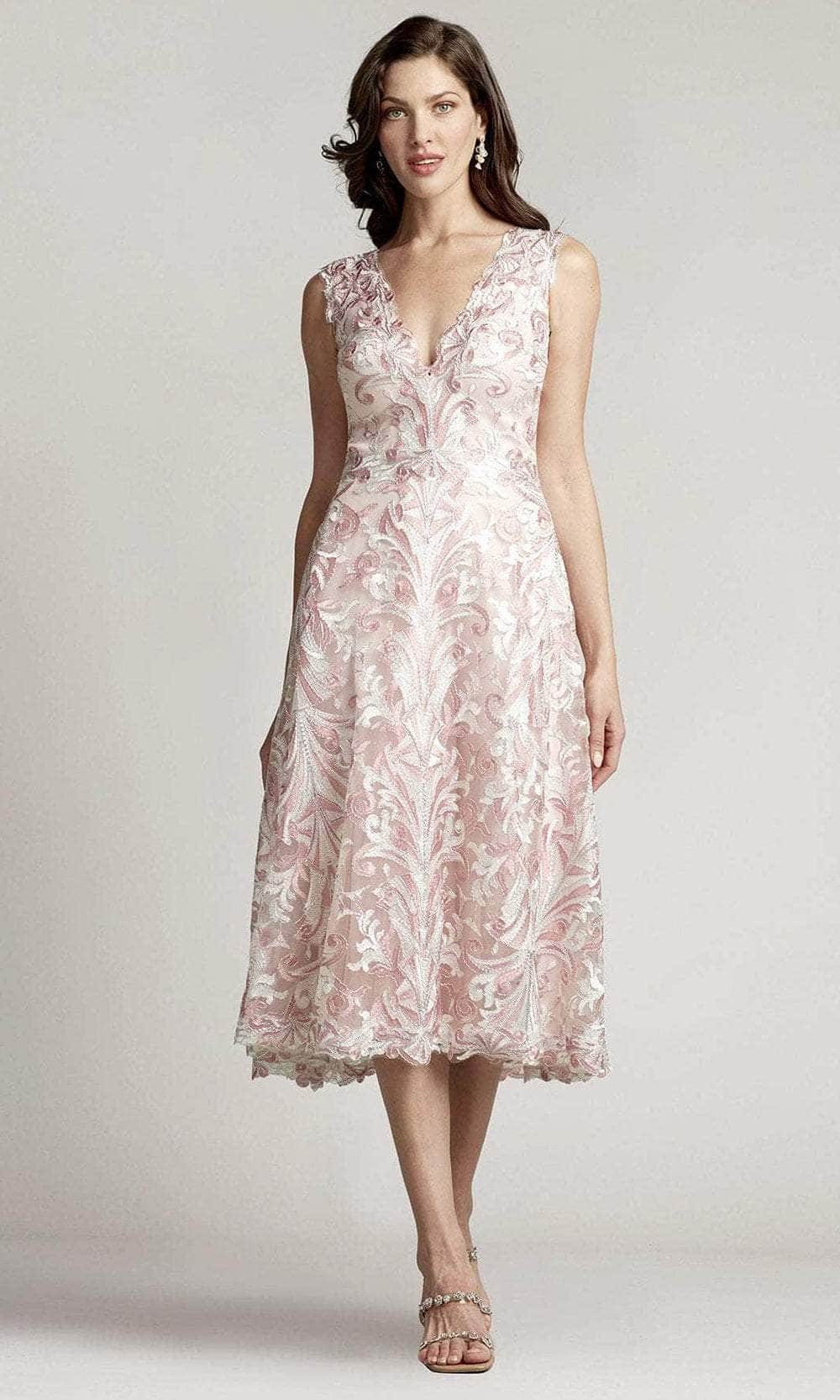 Tadashi Shoji BUE22195MD - Sleeveless Deep V-neck Tea Length Dress Tadashi Shoji BUE22195MD - Sleeveless Deep V-neck Tea Length Dress