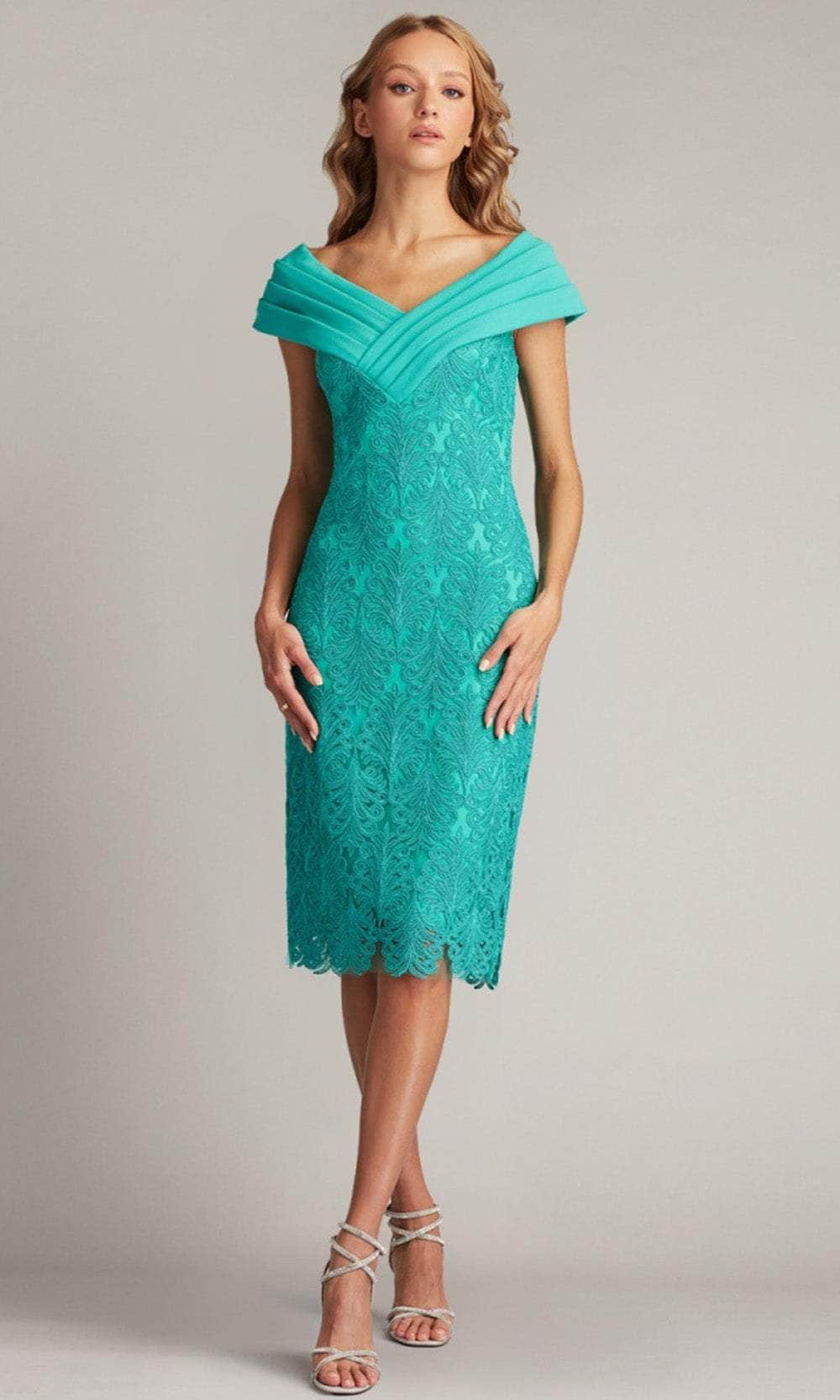 Tadashi Shoji CDY23011M - Knee-Length Sheath Dress - Cap Sleeve, Pleated, Foldover Detail, Corded Embroidery, Mid-Open Back, Scalloped Hem, Fitted ADASA Tadashi Shoji CDY23011M - Knee-Length Sheath Dress - Cap Sleeve, Pleated, Foldover Detail, Corded Embroidery, Mid-Open Back, Scalloped Hem, Fitted ADASA