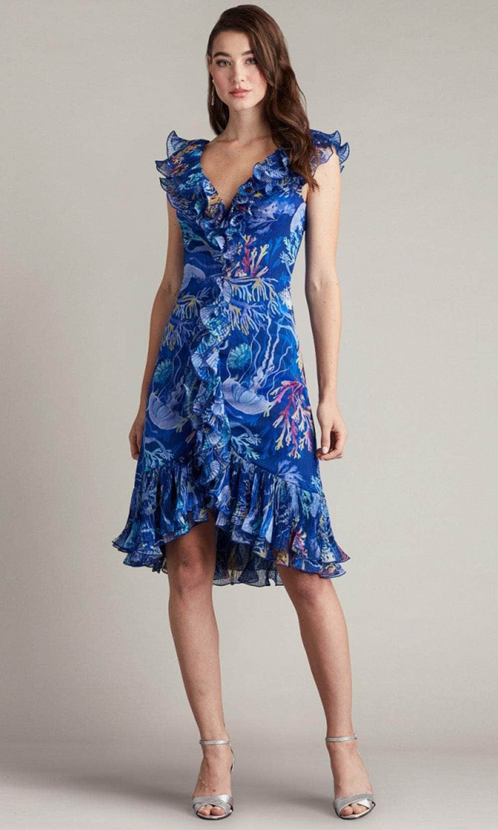 Tadashi Shoji CFM24399M - Knee-Length Sheath Dress - Cap Sleeve, Sea Prints, V-Back, Back Zipper, Cascading Ruffles, Tulip Hem ADASA Tadashi Shoji CFM24399M - Knee-Length Sheath Dress - Cap Sleeve, Sea Prints, V-Back, Back Zipper, Cascading Ruffles, Tulip Hem ADASA