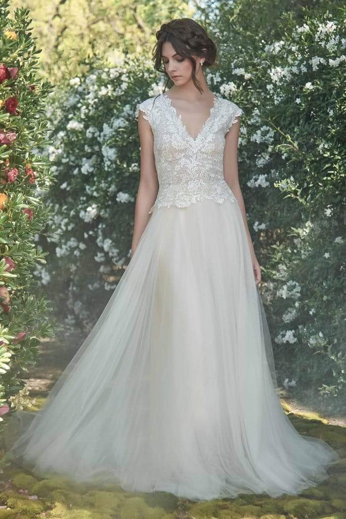 Tadashi Shoji - Embroidered V-Neck Wedding Dress Wedding Dresses 0 / Ivory/Petal