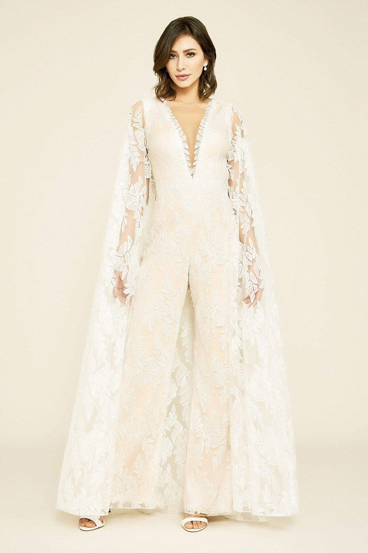 Tadashi Shoji - Rupert Lace Cape Jumpsuit Evening Dresses 0 / Ivory/Petal