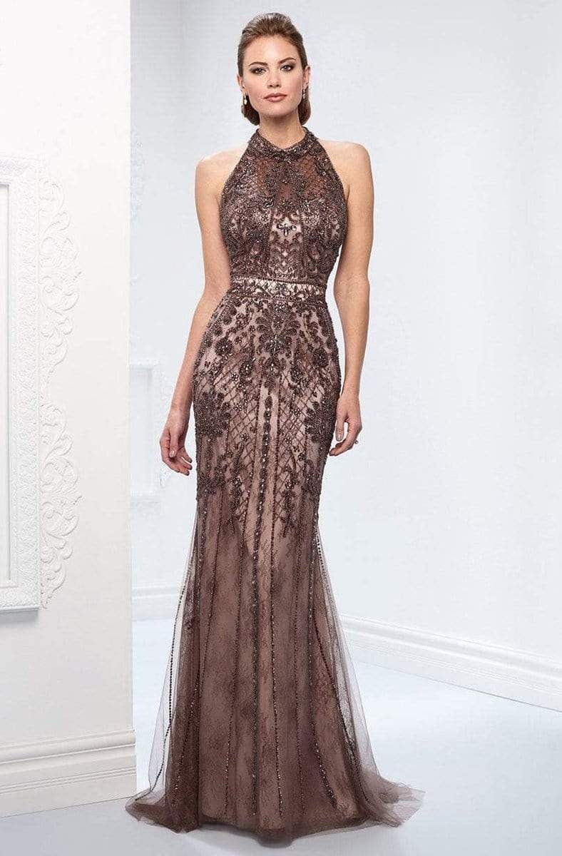 Ivonne D for Mon Cheri - 218D27 Beaded Lace Sheer Halter Fitted Dress in Brown