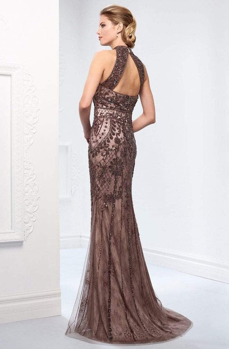 Ivonne D for Mon Cheri - 218D27 Beaded Lace Sheer Halter Fitted Dress in Brown