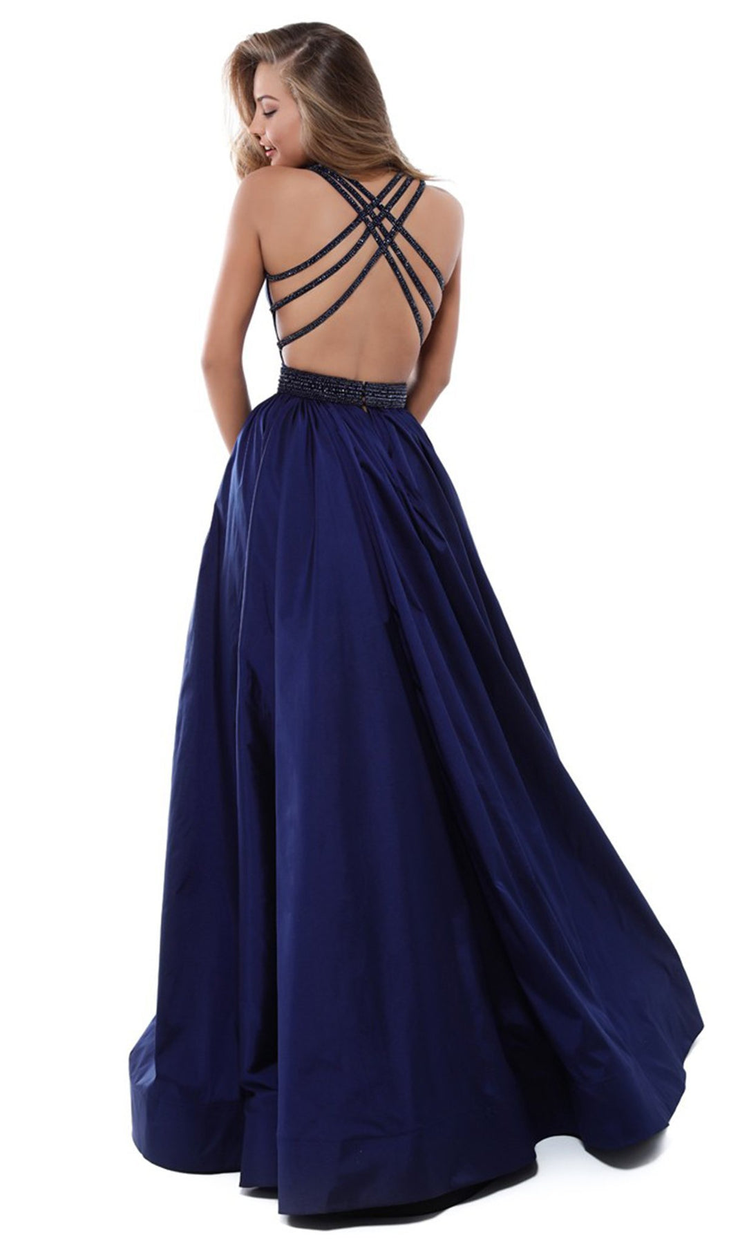 Tarik Ediz - 50430 Embellished Deep V-neck Lace Dress With Overskirt In Blue