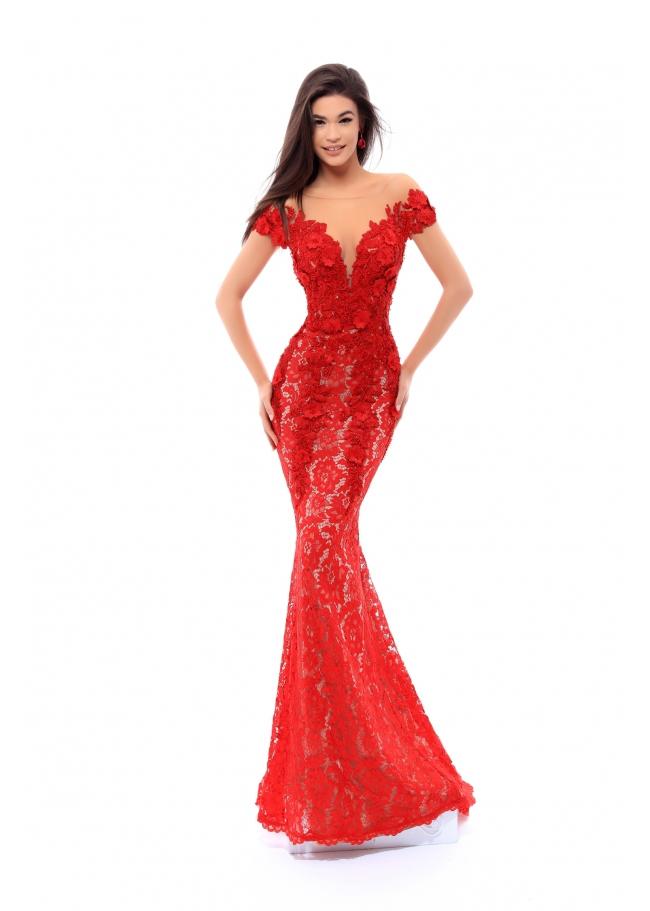 Tarik Ediz 93430 Fitted Floral Embroidered Evening Dress - 1 pc Red in Size 8 Available CCSALE 8 / Red