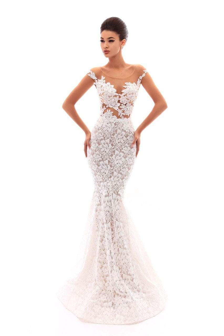 Tarik Ediz Cap Sleeve Illusion Lace Mermaid Gown 50232 - 1 pc Ivory In Size 4 Available CCSALE 4 / Ivory