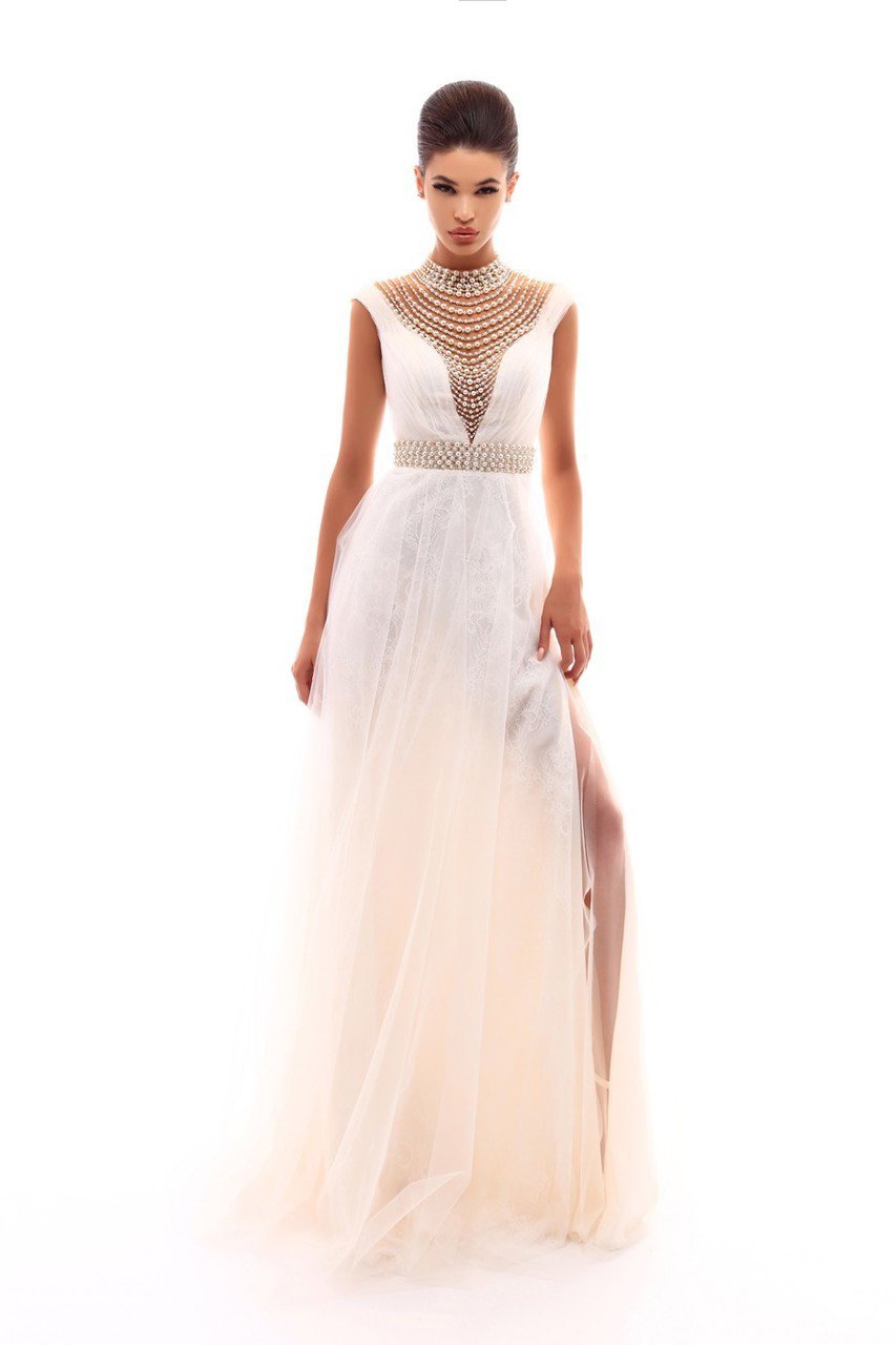 Tarik Ediz - Sheer Neckline Pearl Embellished Tulle Gown 50285 - 2 pcs Salmon in Sizes 8 and 12 Available CCSALE 6 / Ivory