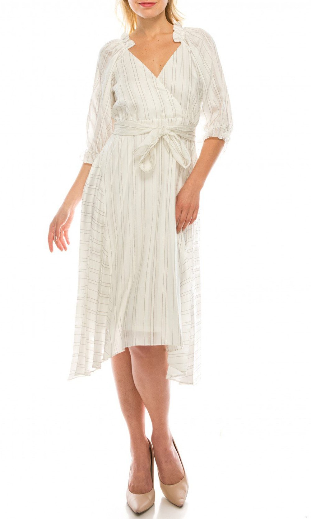Maison Tara 91053M - Tea-Length A-Line Dress - Pinstripe Print, Ruffled  Trims, Quarter Sleeves, Self-Tie Waist, Full Back, Collar Cinched Detail, Handkerchief  Hem, Tea Length  ADASA