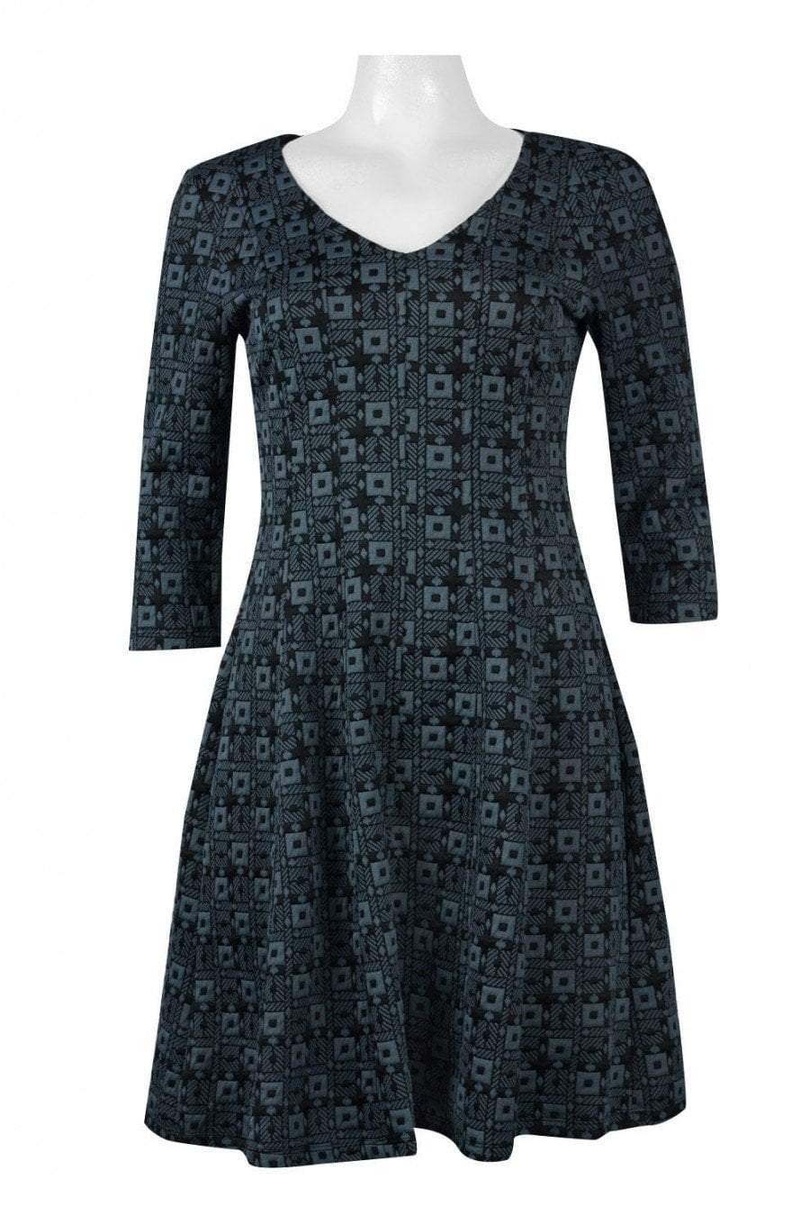 Taylor - 9209M V Neck Jacquard Quarter Length Sleeve Short Dress In Blue and Black